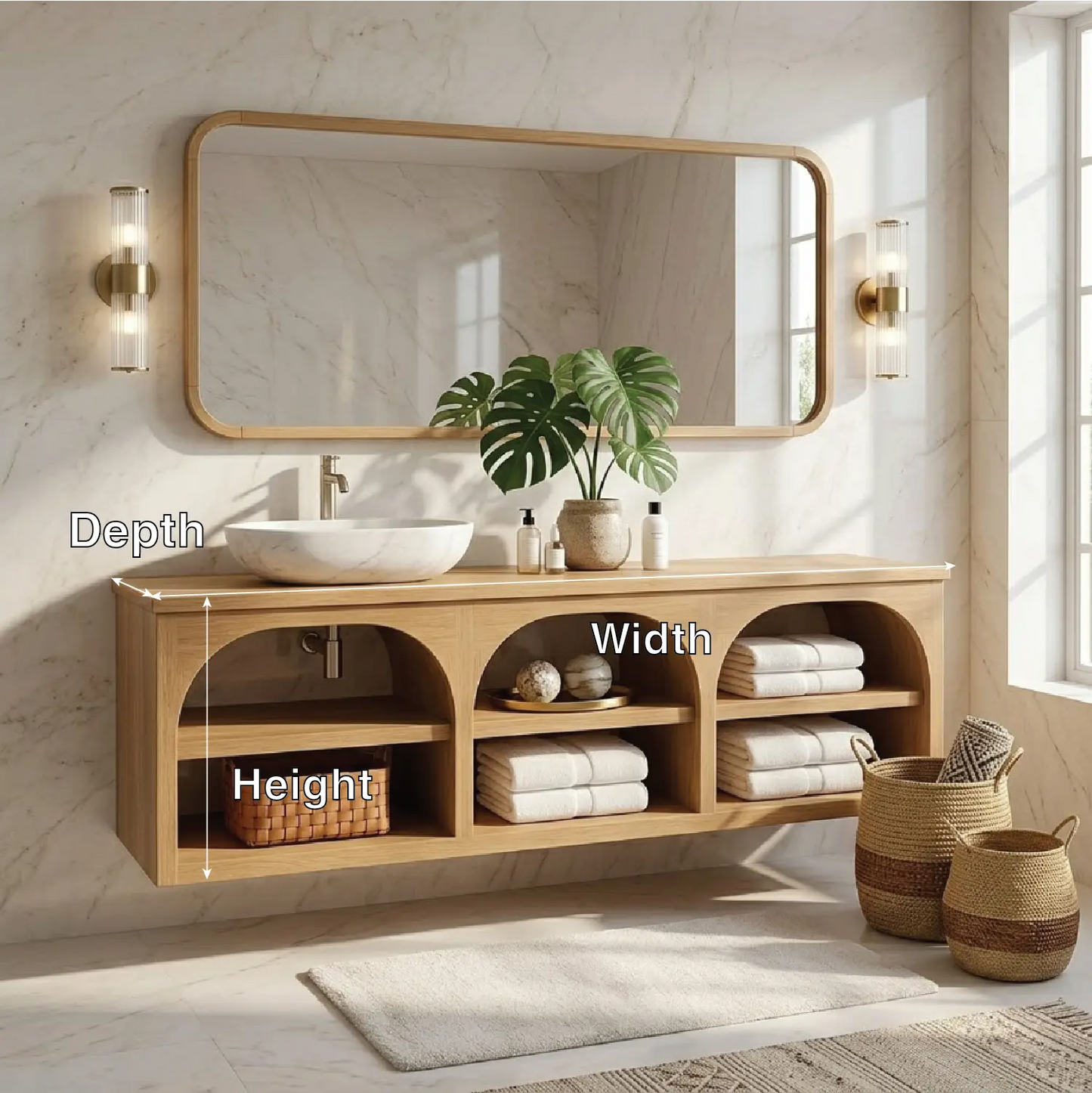 Floating Vanity with Natural Wood and Marble Sink, Open Shelf Storage Kitchnce