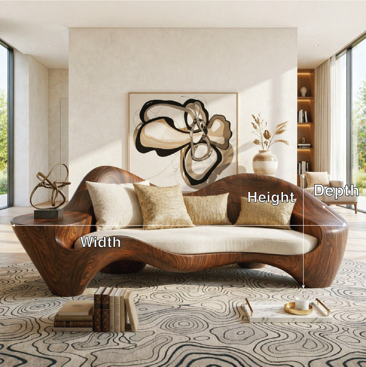 Modern Sculptural Curved Sofa with Side Table, Statement Living Room Furniture