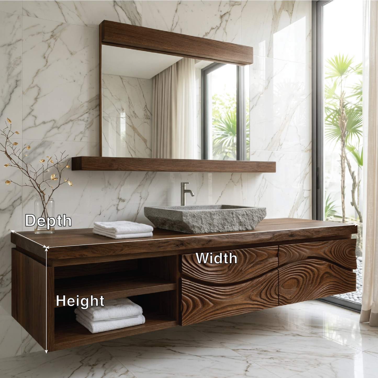 Modern Solid Wood Bathroom Vanity with Floating Storage and Sculpted Drawer Front