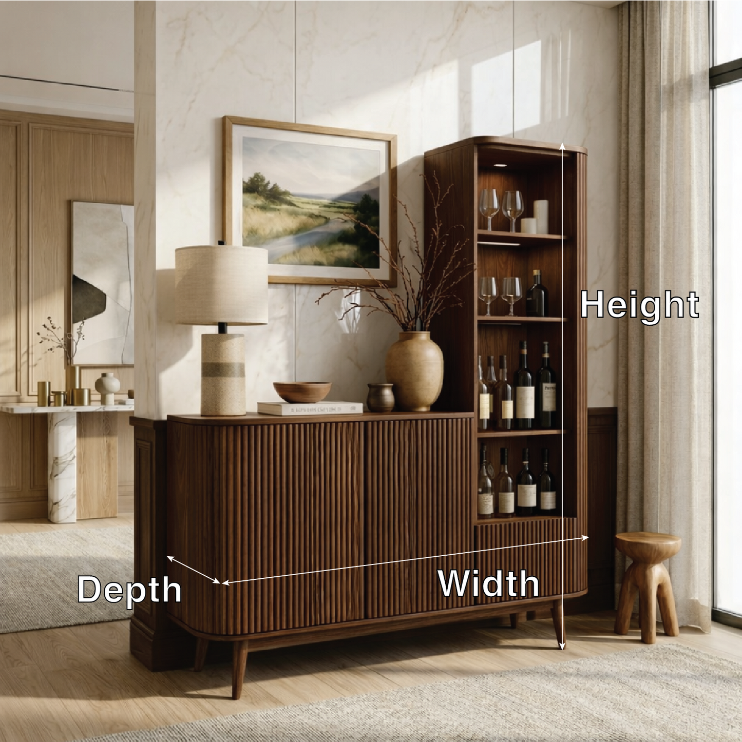 Contemporary Wooden Bar Cabinet, Fluted Sideboard with Tall Bottle Display Storage