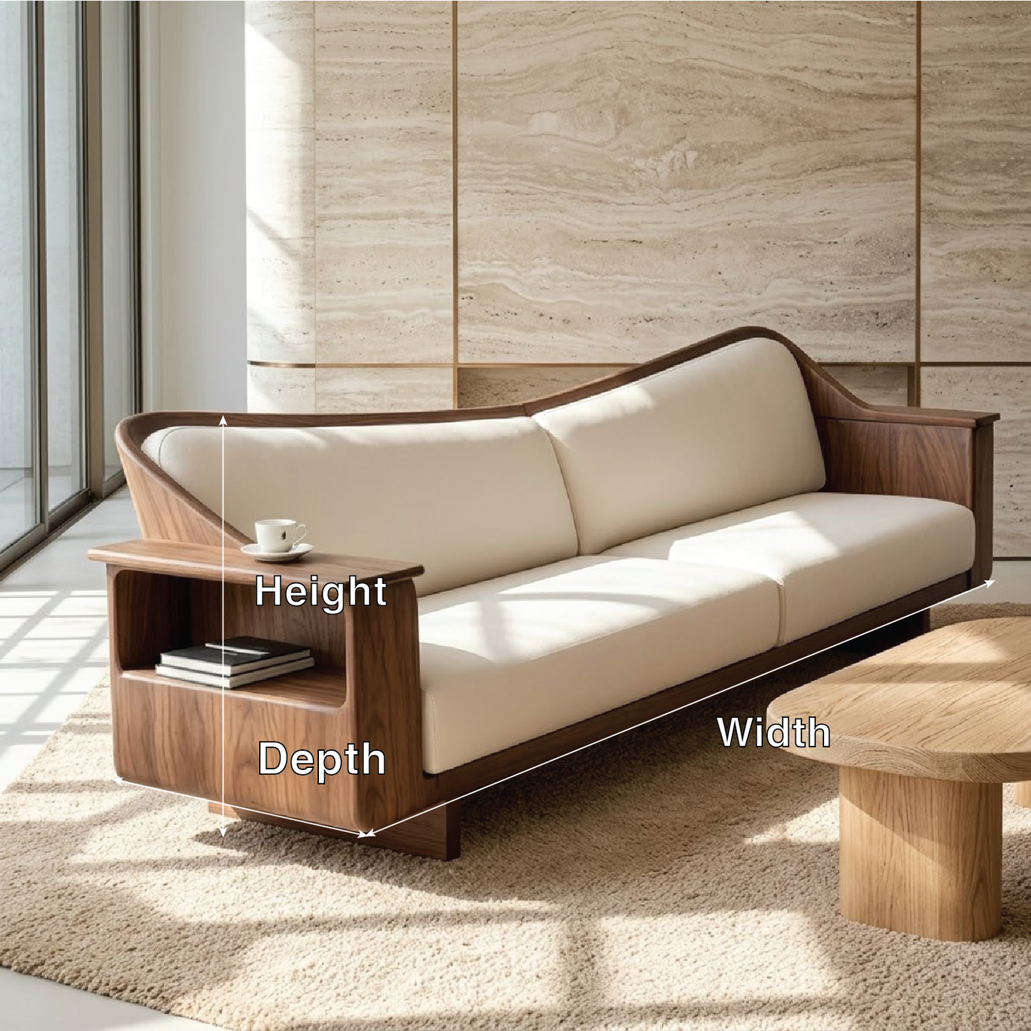 Modern Curved Solid Wood Sofa with Built-in Side Shelf White Leather Couch