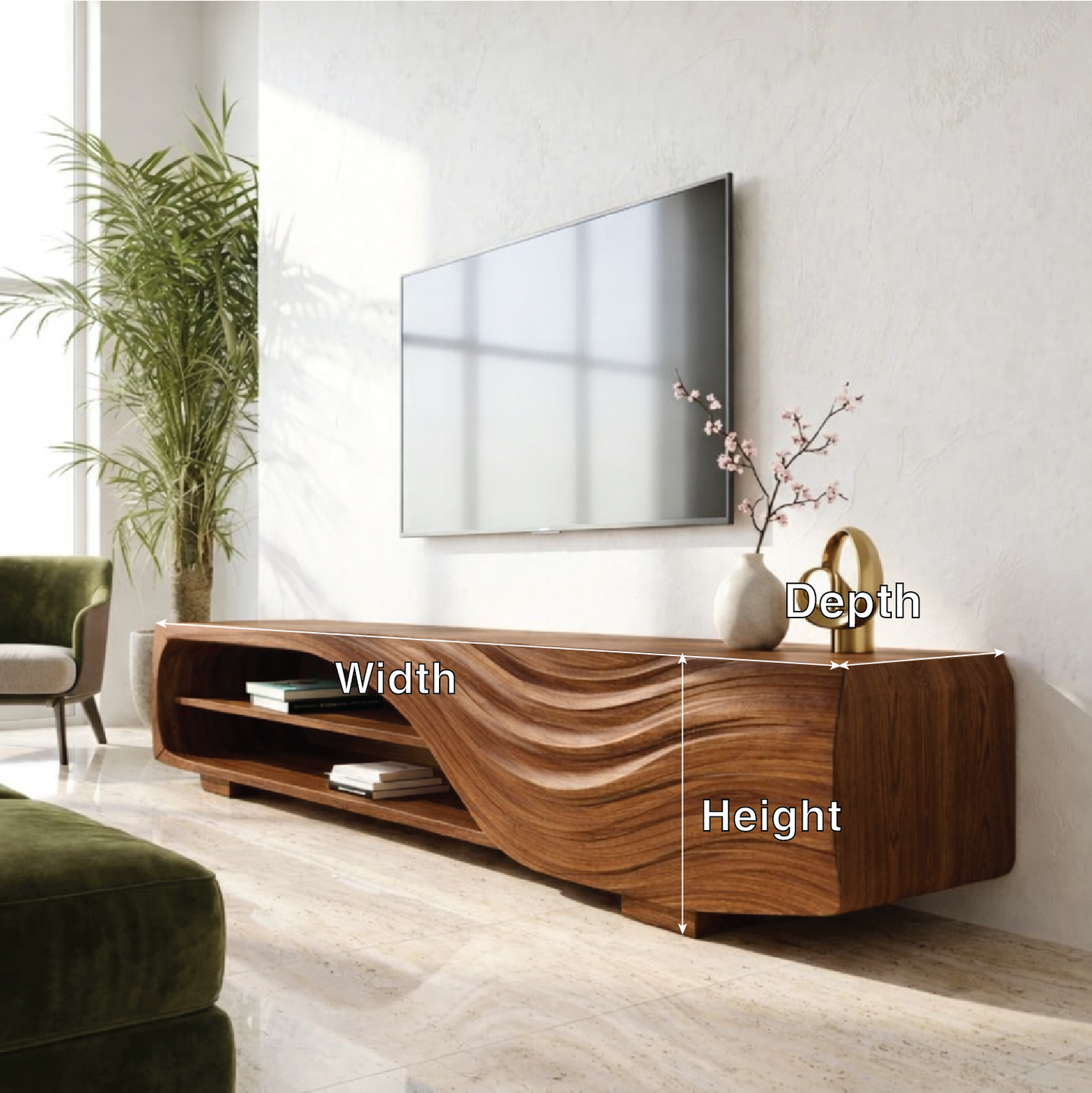 Solid Wood TV Stand with Curved Wave Design, Modern Media Console Cabinet