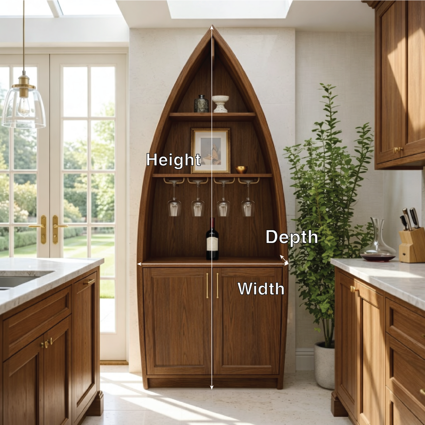 Modern Boat Shaped Bar Cabinet with Glass Rack and Concealed Storage Doors