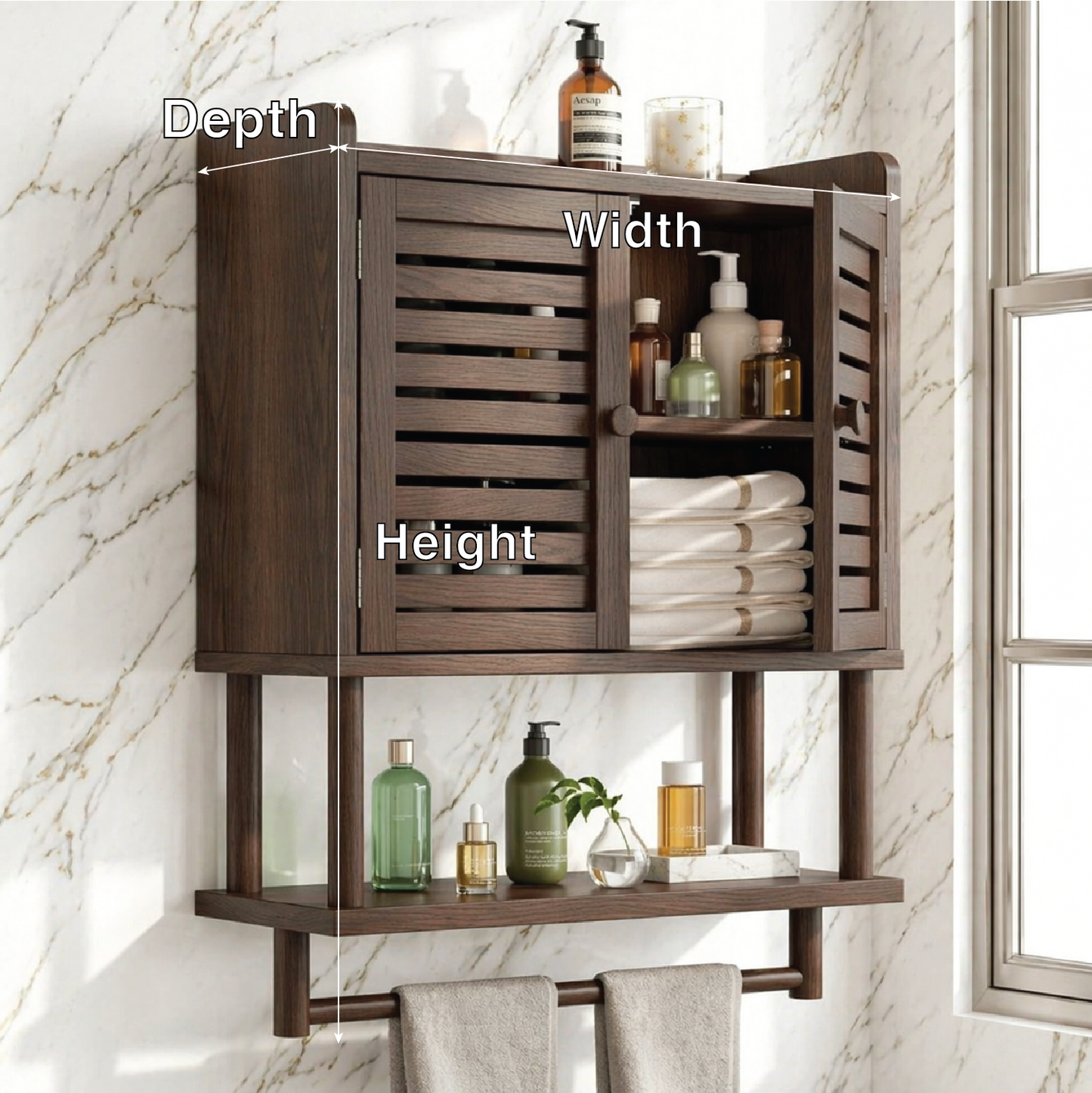 Modern Bathroom Cabinet, Slatted Wall-Mounted Vanity Storage Shelf With Towel Bar