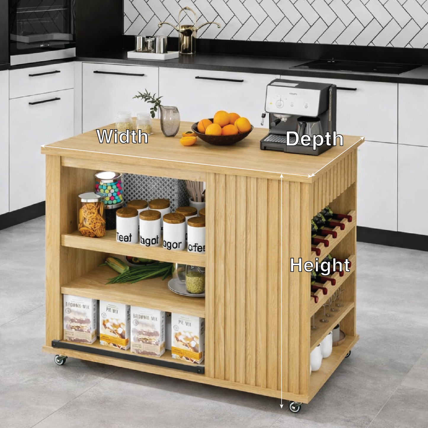 Rolling Kitchen Island with Storage Shelves, Modern Kitchen Cart, Portable Prep Table with Wine Rack