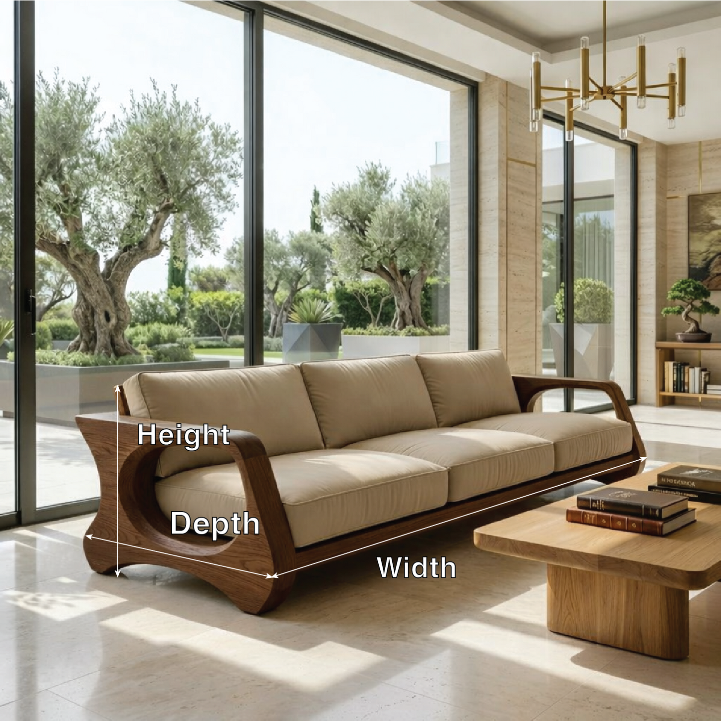 Modern Sculptural Solid Wood Sofa with Beige Cushions Organic Curved Couch