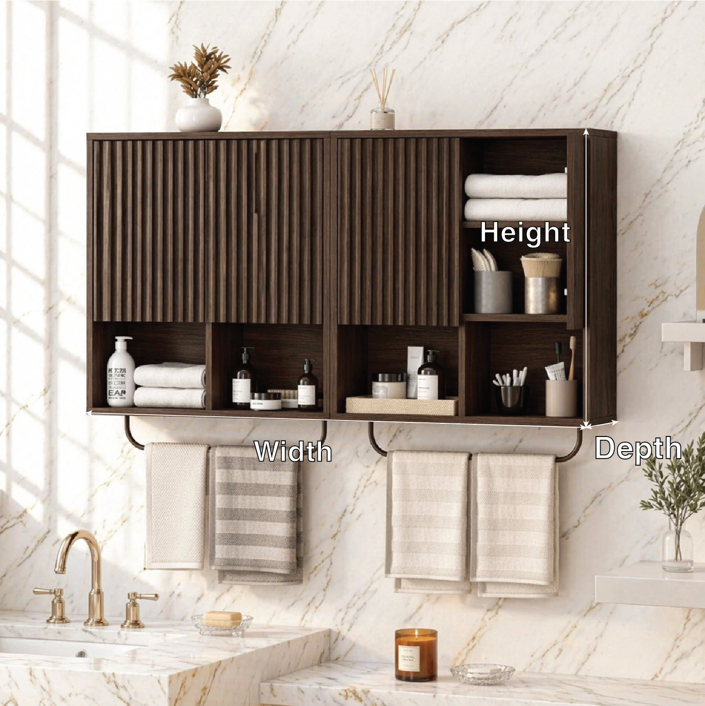 Floating Bathroom Cabinet, Modern Slatted Wall Mounted Vanity Storage Towel Bars