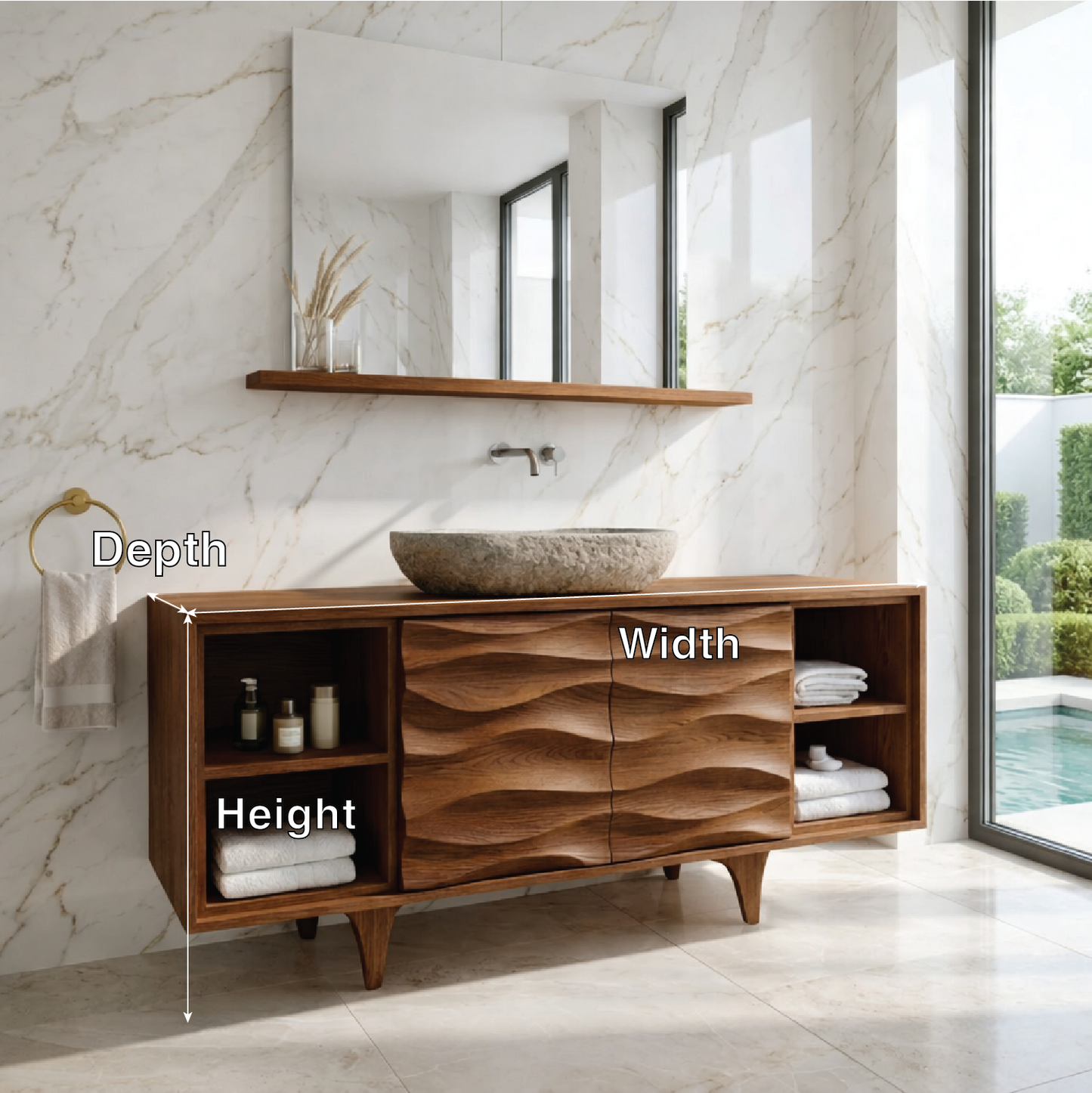 Modern Solid Wood Bathroom Vanity with Textured Doors and Open Shelf Storage