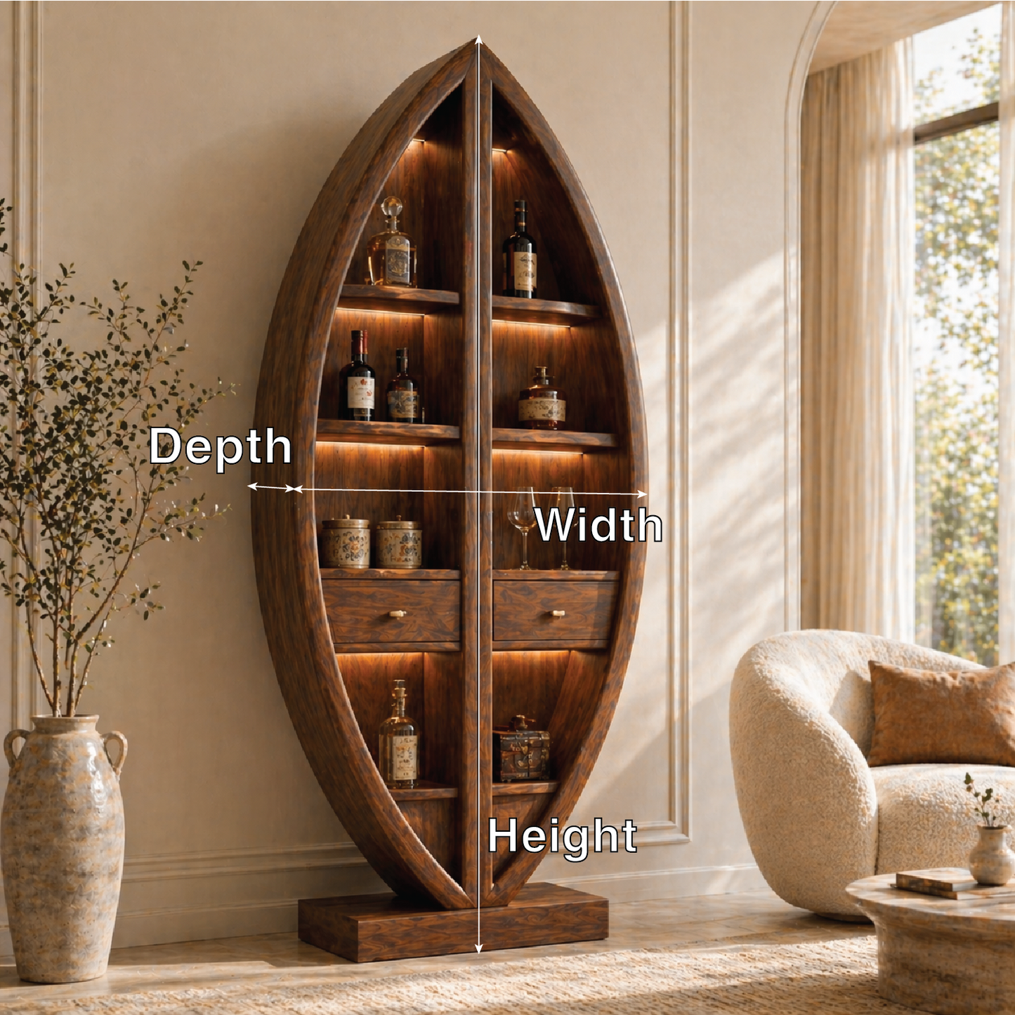 Sculptural Tall Wine Cabinet Freestanding Bar Storage Display Shelves With Drawers