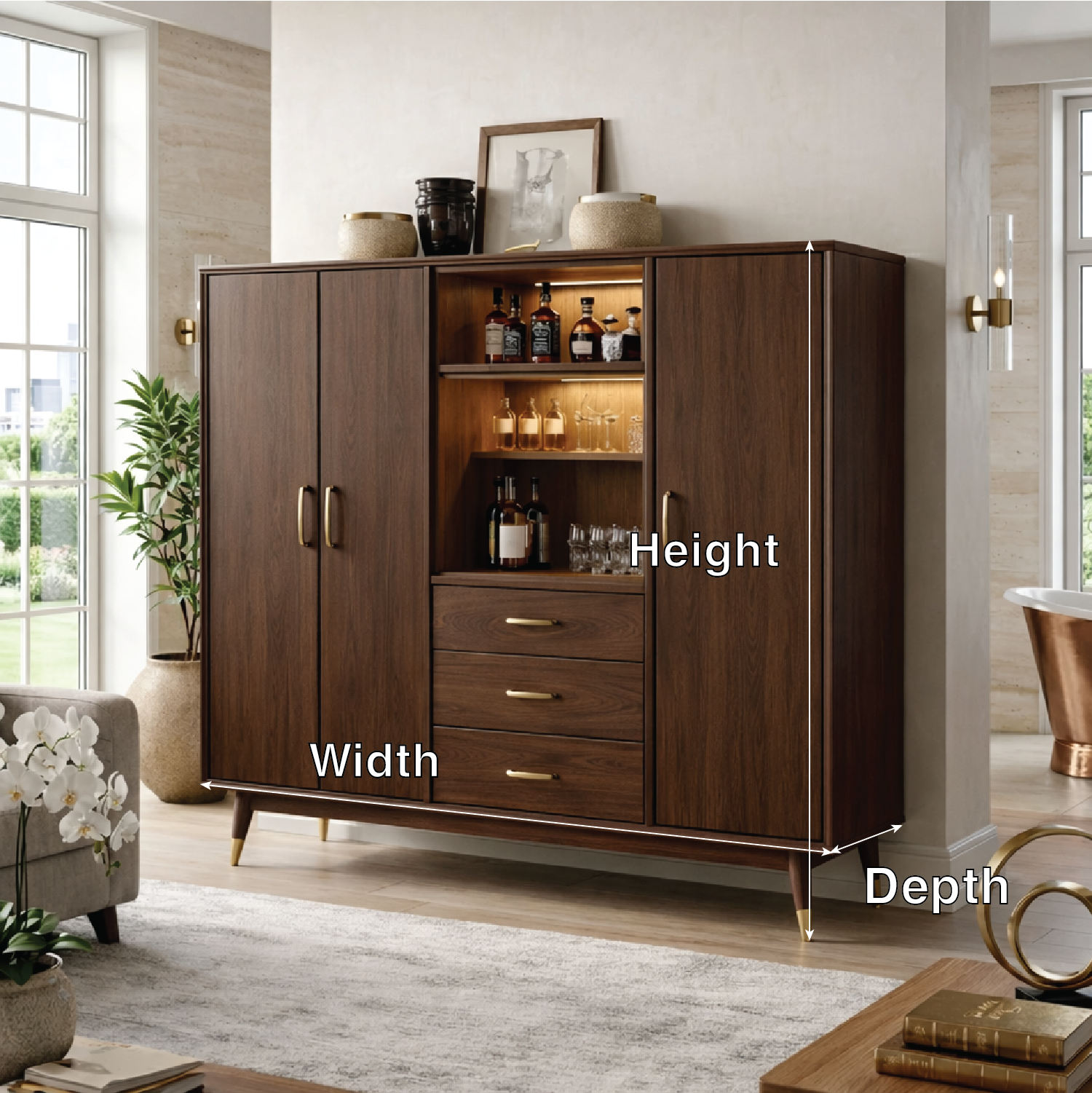 Contemporary Wooden Bar Cabinet, Entertaining Storage Sideboard with Glassware Display