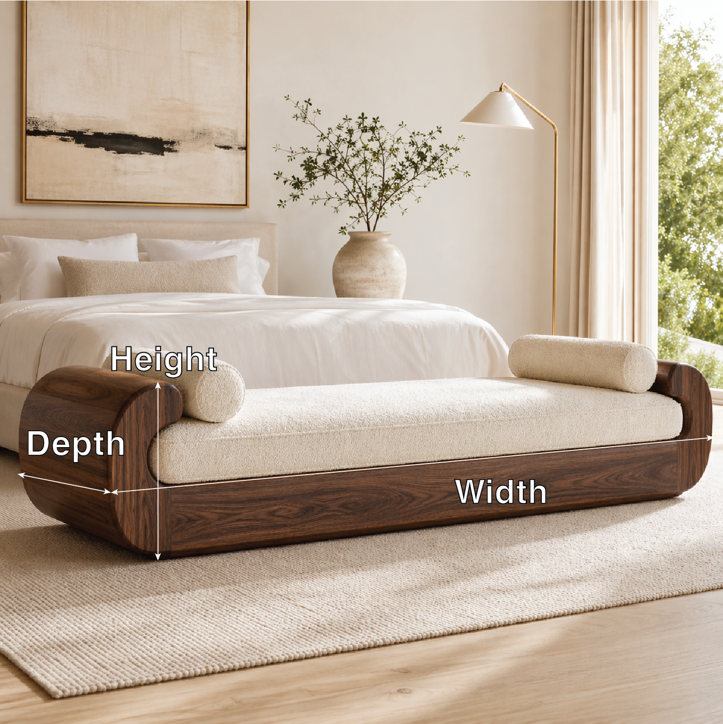 Modern Upholstered Daybed Bench Curved Bedroom Lounge with Bolster Pillows