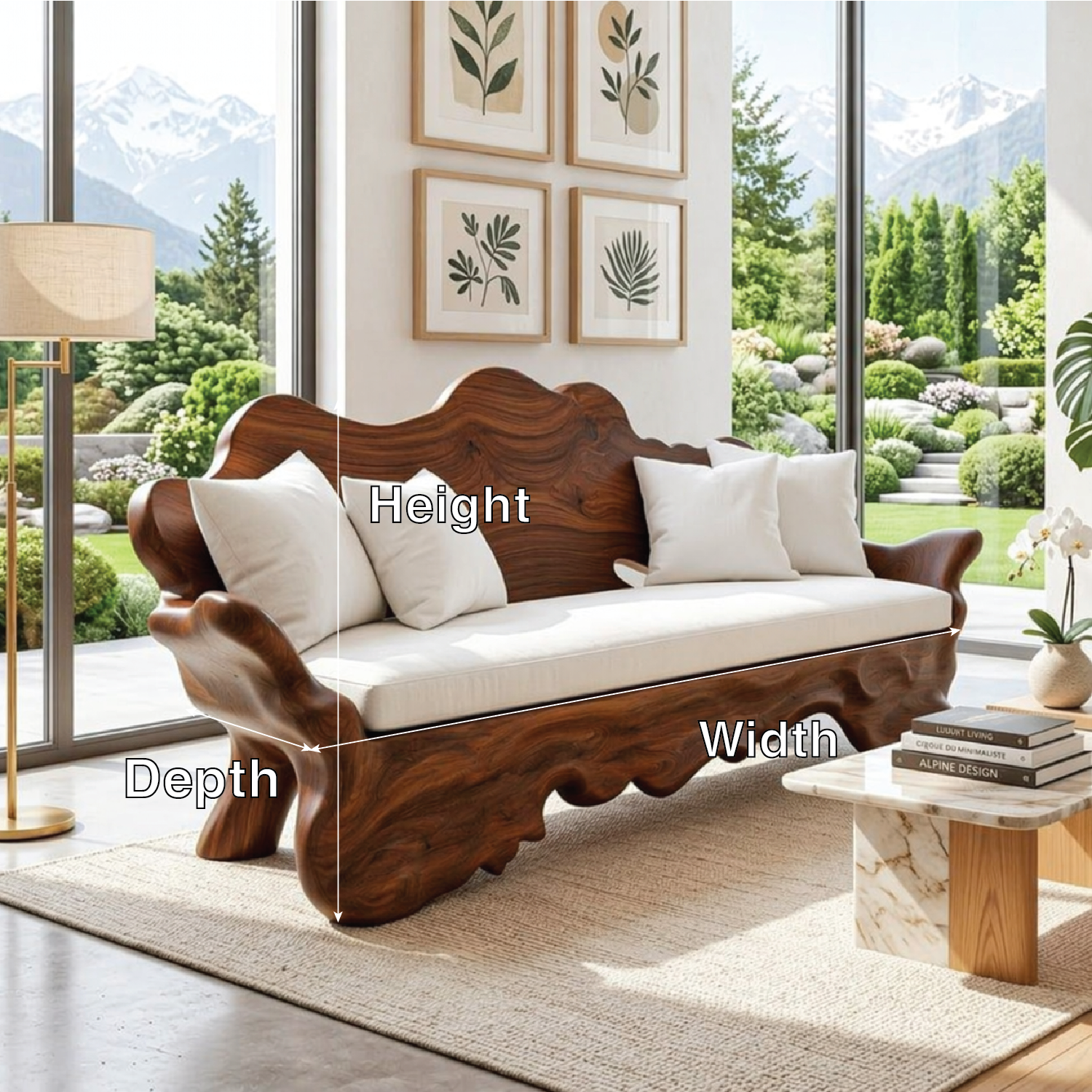 Organic Sculptural Wooden Sofa, Luxury Curved Statement Couch with White Cushions