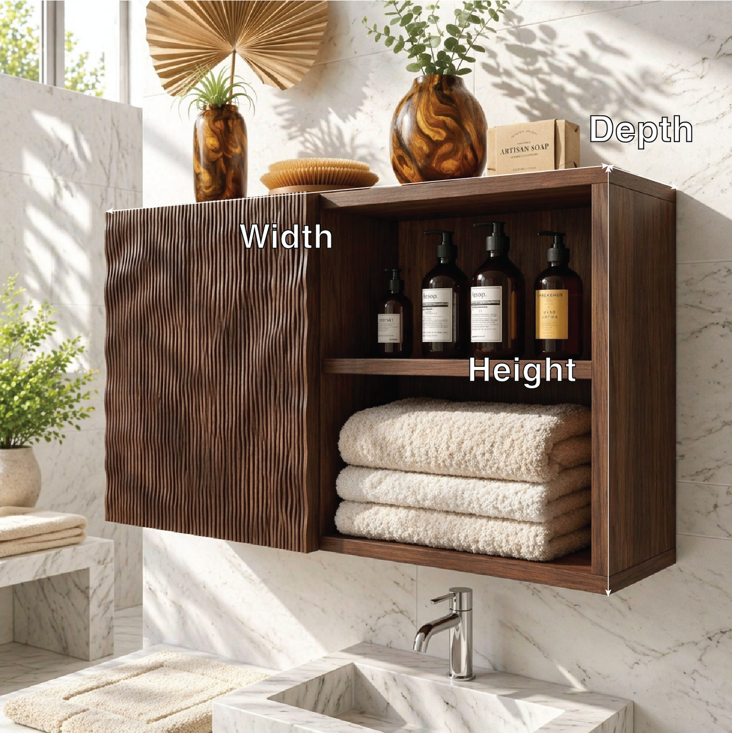 Floating Bathroom Cabinet, Modern Ribbed Wall Mounted Vanity Storage Shelf Organizer