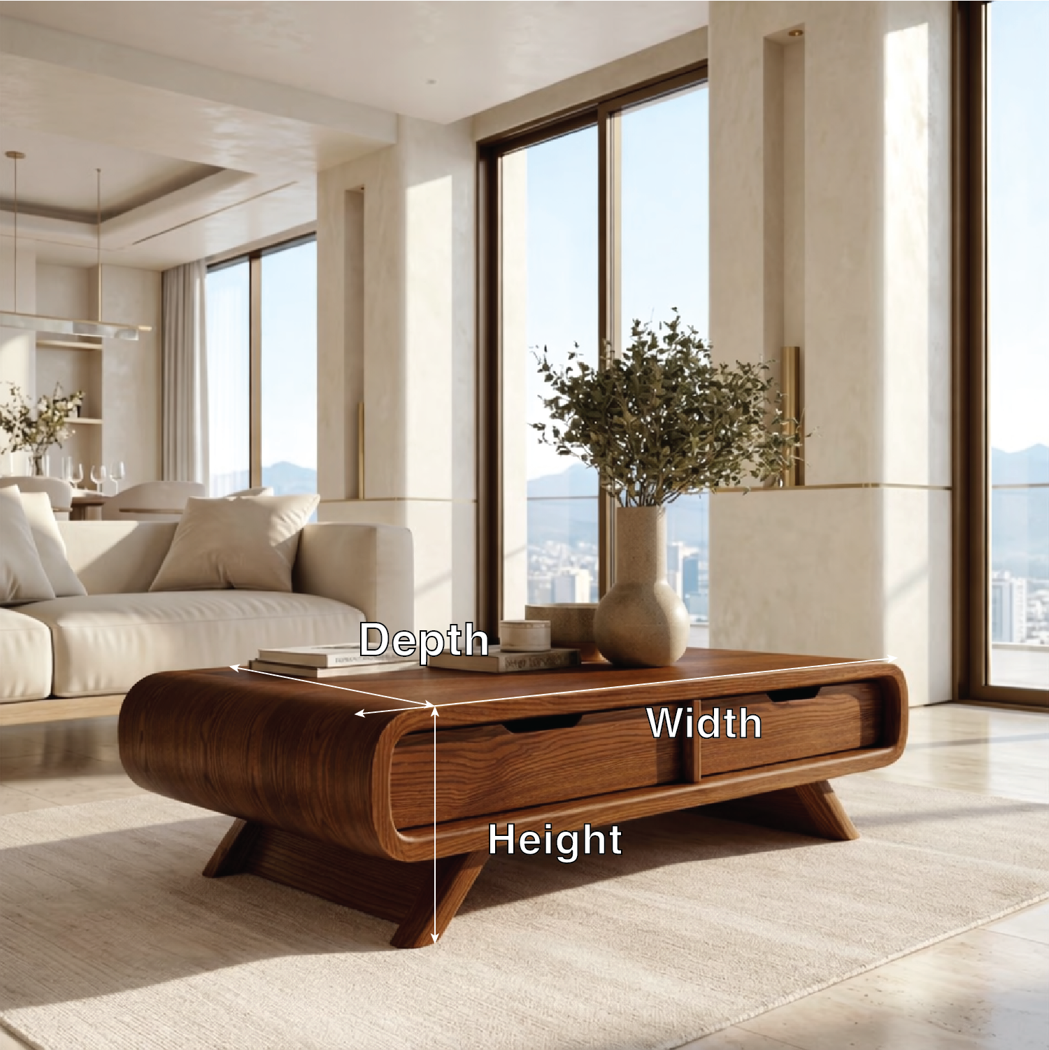 Modern Storage Coffee Table with Drawers, Minimalist Rounded Living Room Centerpiece