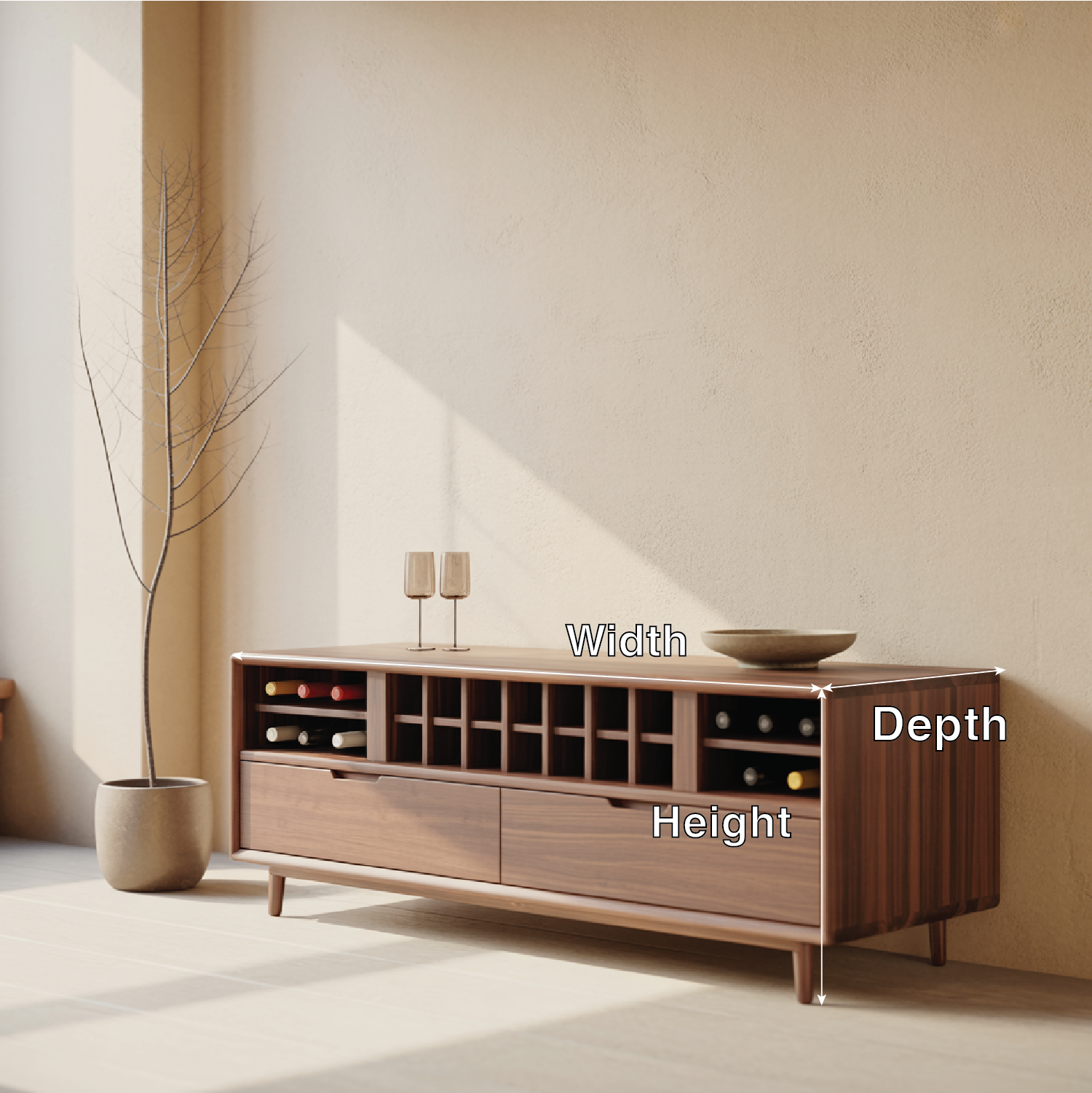 Handcrafted Solid Wood Wine Cabinet Console Mid Century Modern Low Bar Storage Furniture Sideboard