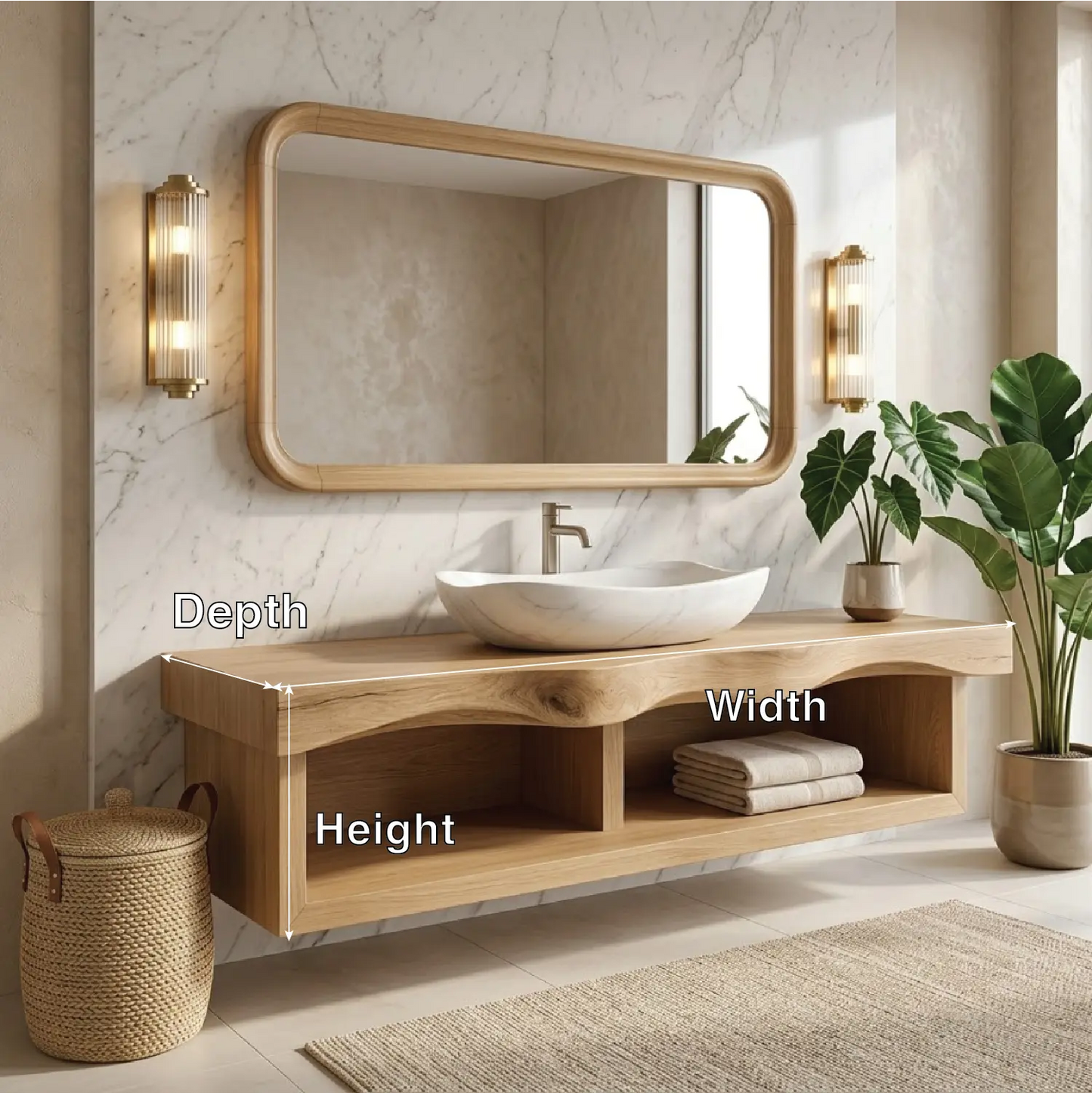 Floating Vanity with Natural Walnut Wood, Unique Curve Design and Open Shelf Kitchnce