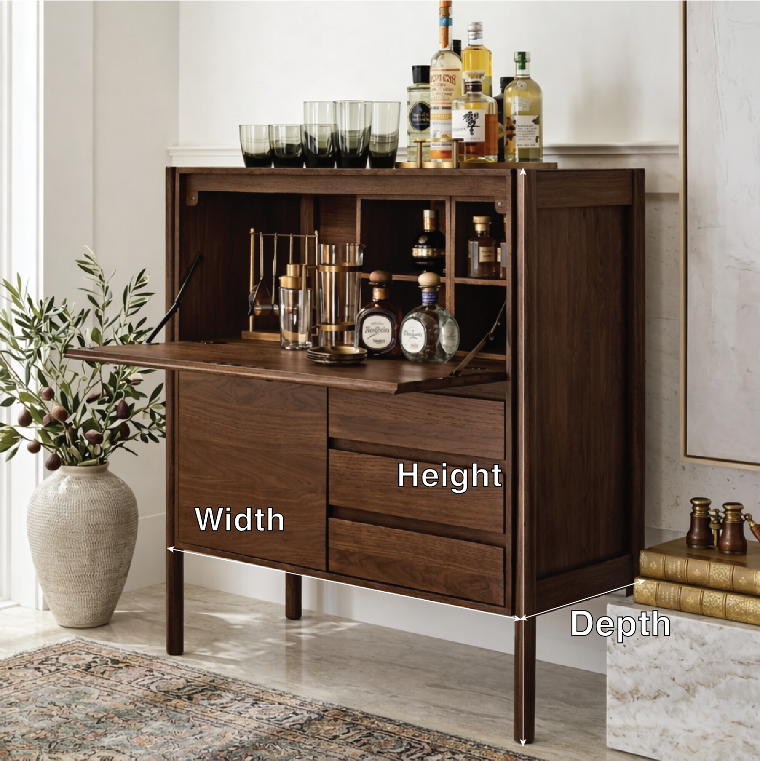 Mid Century Bar Cabinet, Fold-Down Cocktail Console with Glassware Bottle Storage
