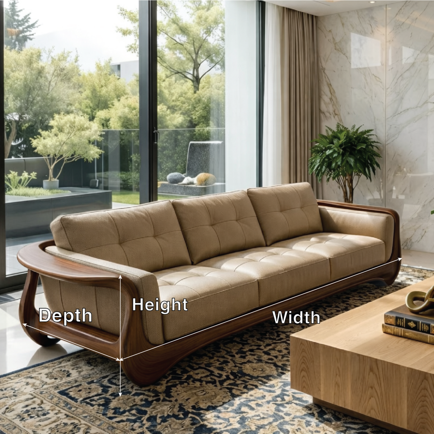 Luxury Curved Solid Wood Sofa with Tan Tufted Leather High-End Modern Couch