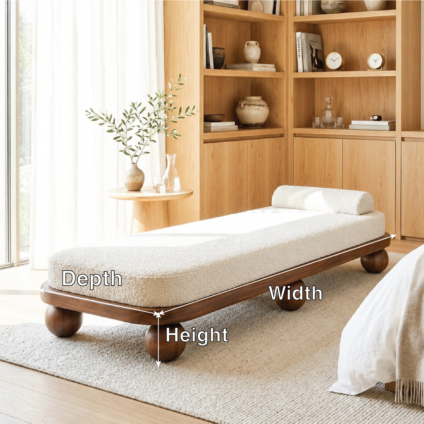 Modern Upholstered Daybed With Rounded Frame, Sculptural Ball Legs, Bedroom Lounge