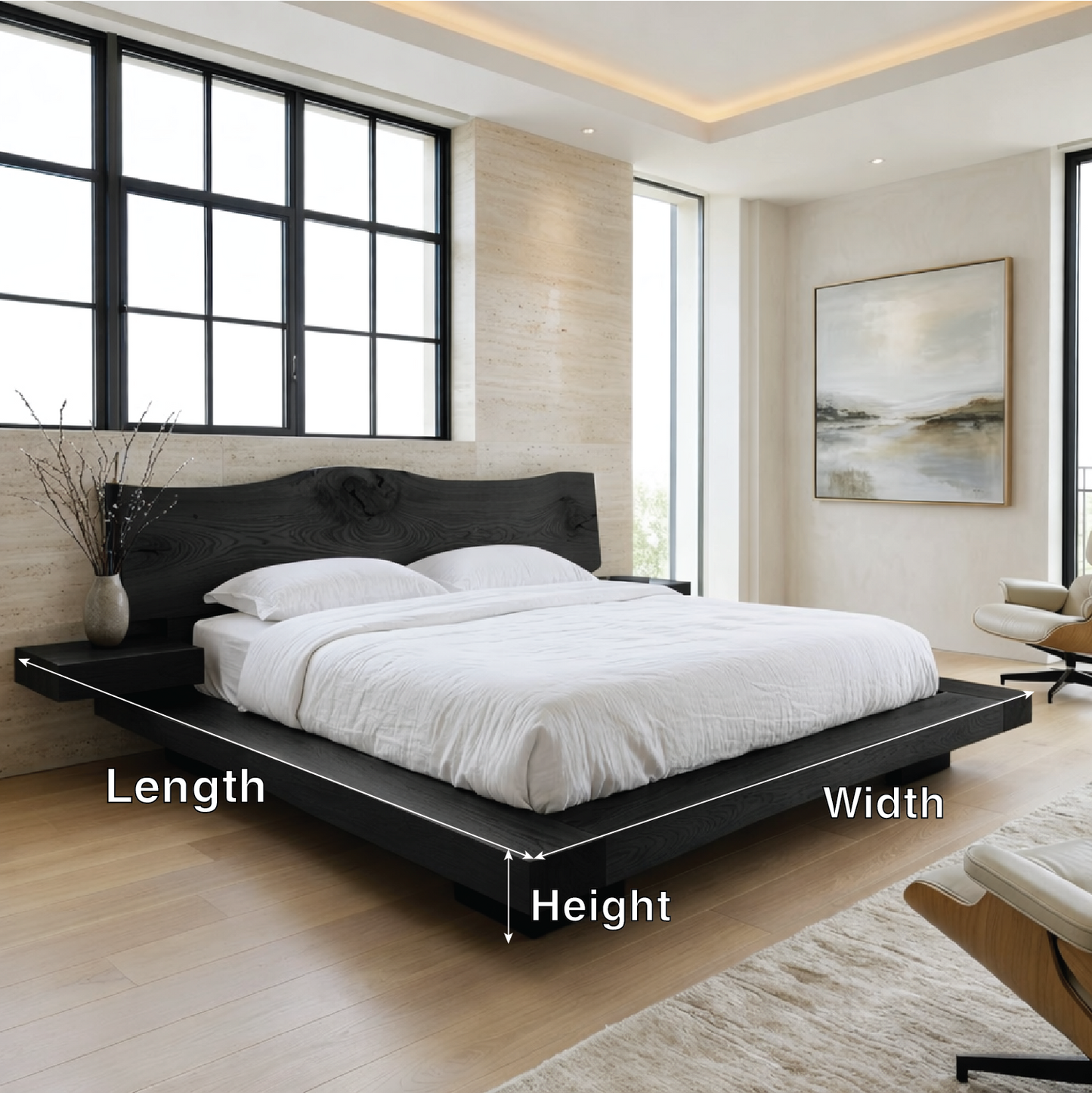 Organic Modern Platform Bed Frame with Floating Nightstands, Minimalist Design Style