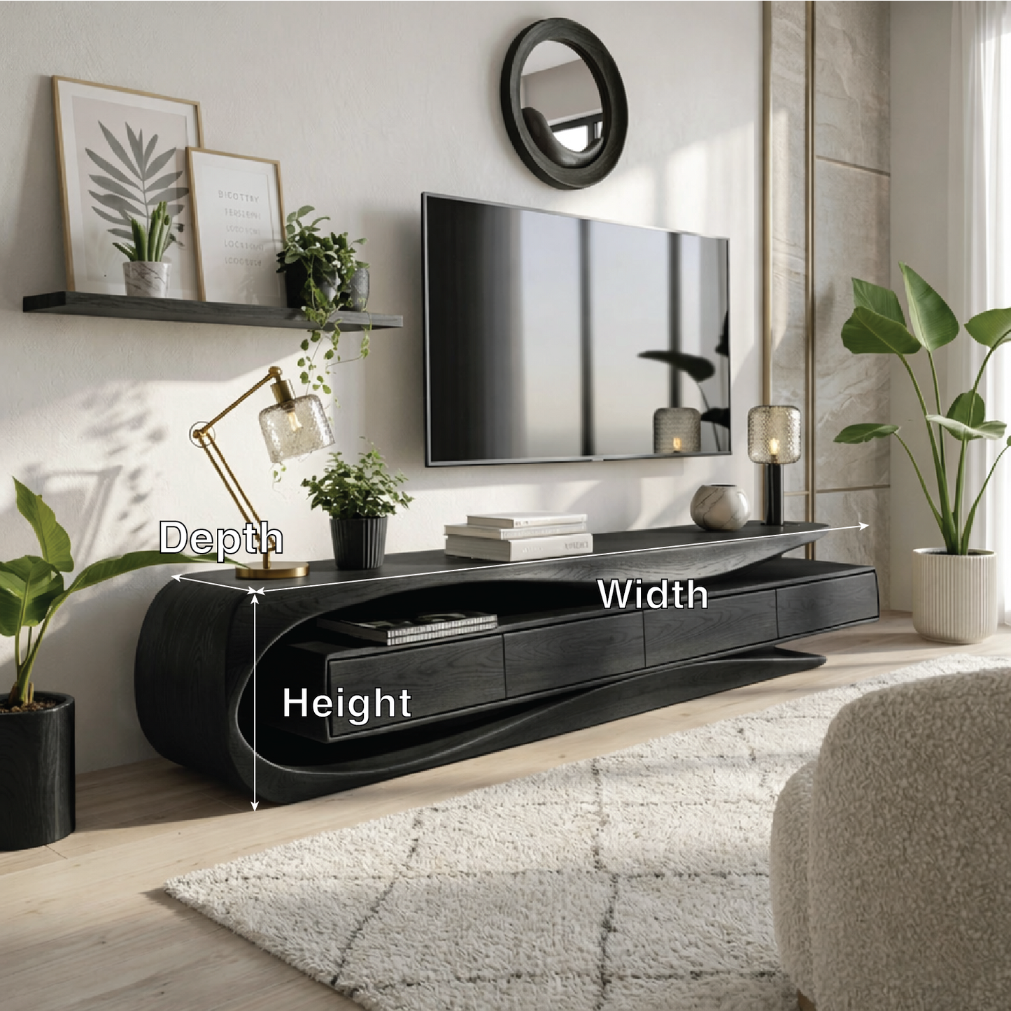 Solid Wood TV Stand with Curved Frame, Modern Low Profile Media Console