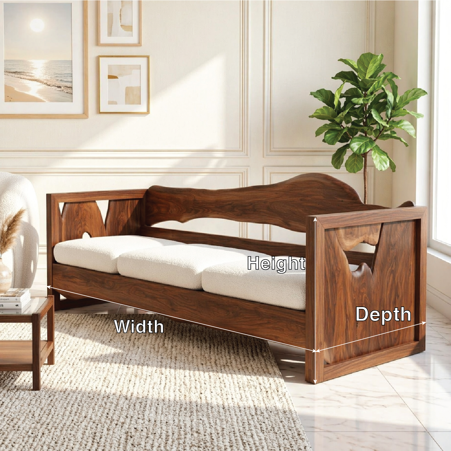 Organic Modern Wooden Sofa, Minimalist Daybed Couch for Elegant Modern Interiors