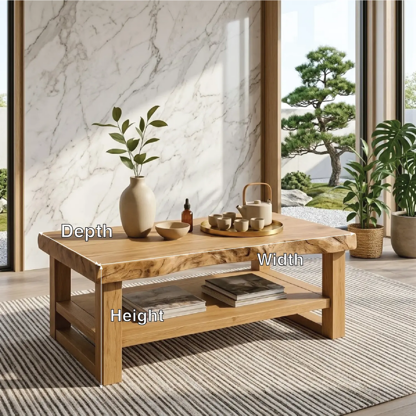 Rustic Solid Wood Coffee Table with Natural Finish and Lower Storage Kitchnce