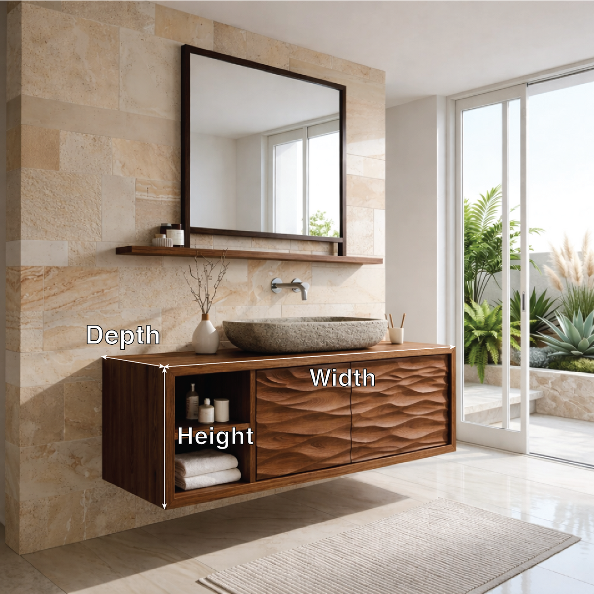 Modern Solid Wood Bathroom Vanity with Floating Storage and Textured Front Doors