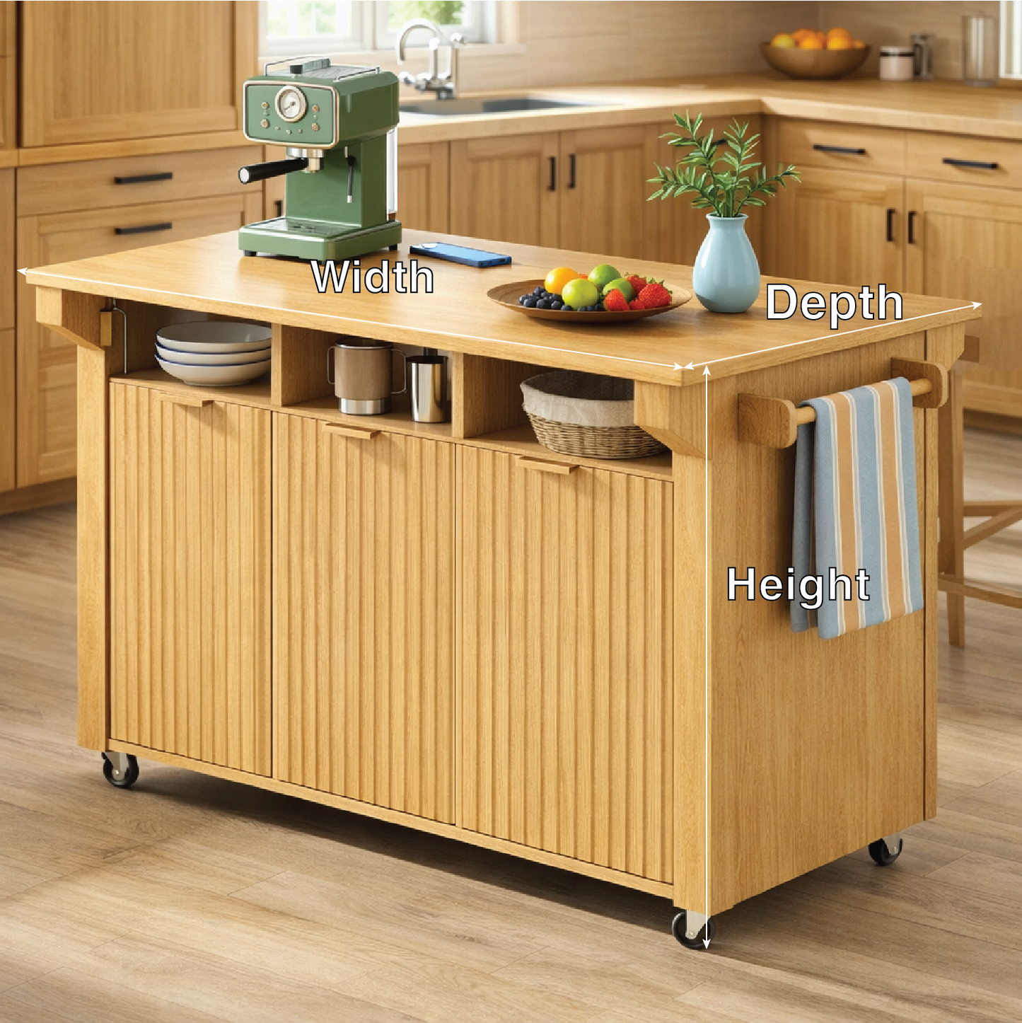 Rolling Kitchen Island with Storage Cabinet, Towel Rack, Modern Prep Cart for Kitchen Dining Space
