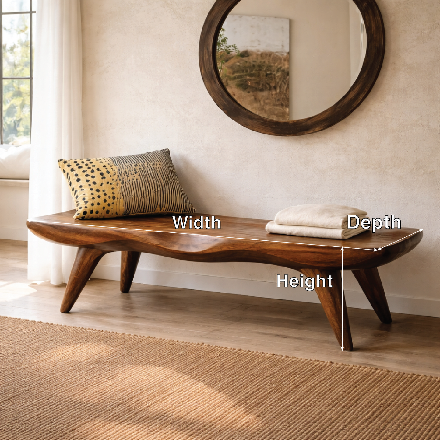 Live Edge Solid Wood Bench, Sculpted Rustic Entryway Hallway Seating