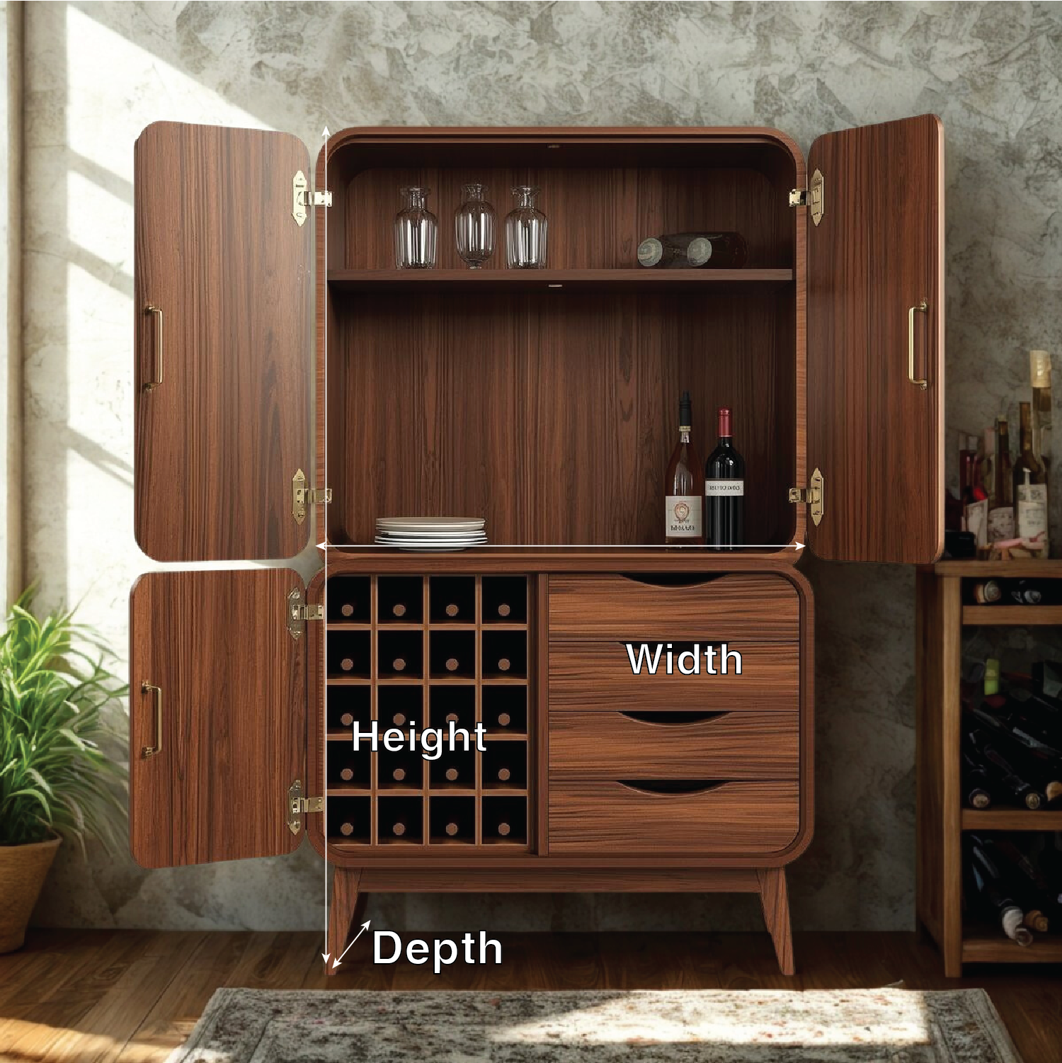 Handcrafted Solid Wood Wine Cabinet Mid Century Bar Storage with Drawers and Bottle Grid