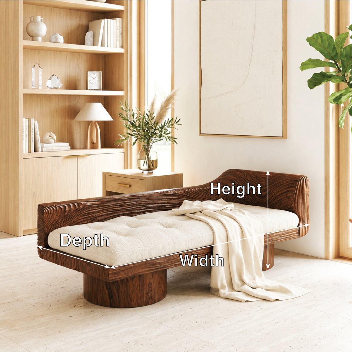 Dark Sculptural Daybed With Tufted Cushion, Curved Backrest, Bedroom Lounge Seat