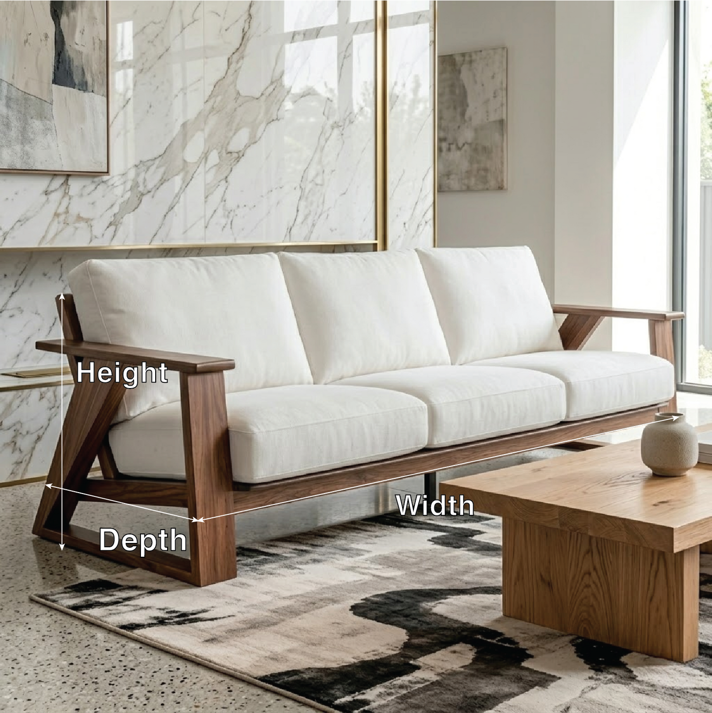 Modern Geometric Solid Wood Sofa with White Linen Cushions Mid Century Living Couch