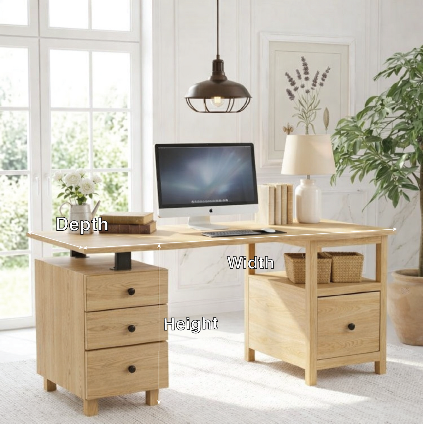 Modern Desk with Storage Drawers and Open Shelf Home Office Desk
