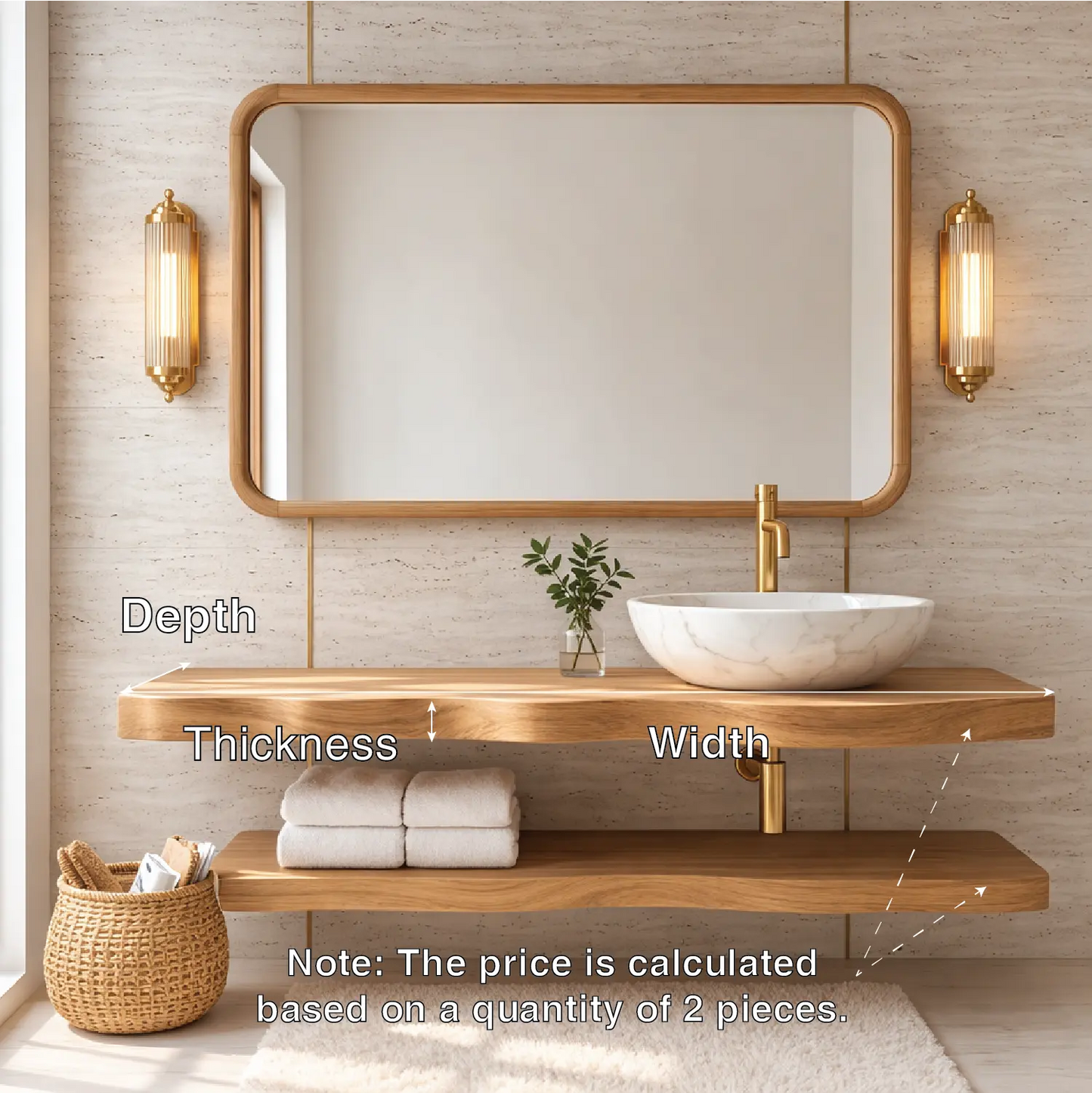 Natural Wood Floating Vanity with Curved Design, Shelf Storage, and Ceramic Sink Kitchnce