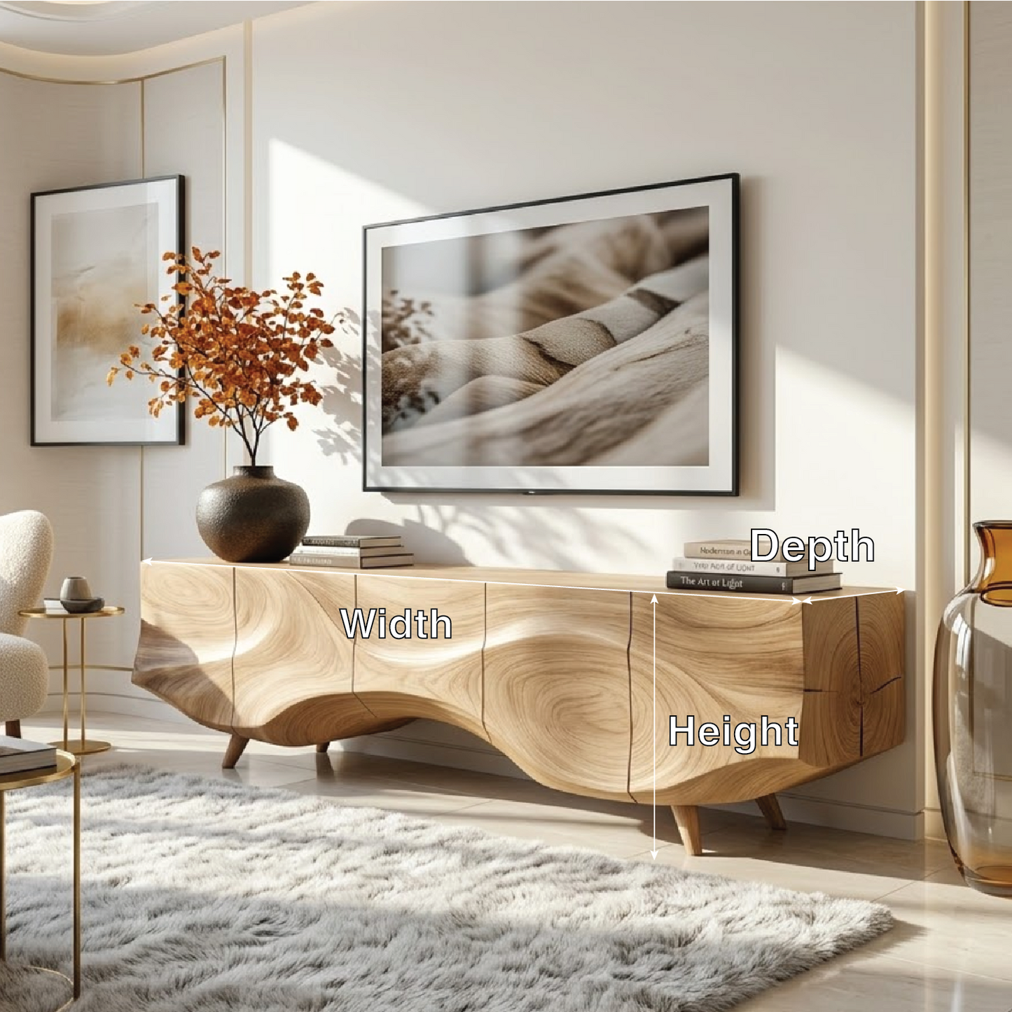 Solid Wood TV Stand, Sculpted-Wave Modern Media Console Cabinet for Living Room