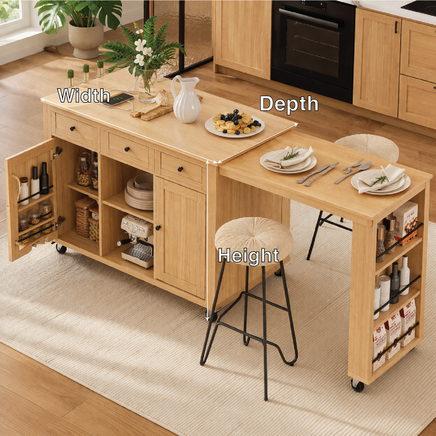 Rolling Kitchen Island with Extendable Dining Table Storage Cabinet and Spice Rack Organizer
