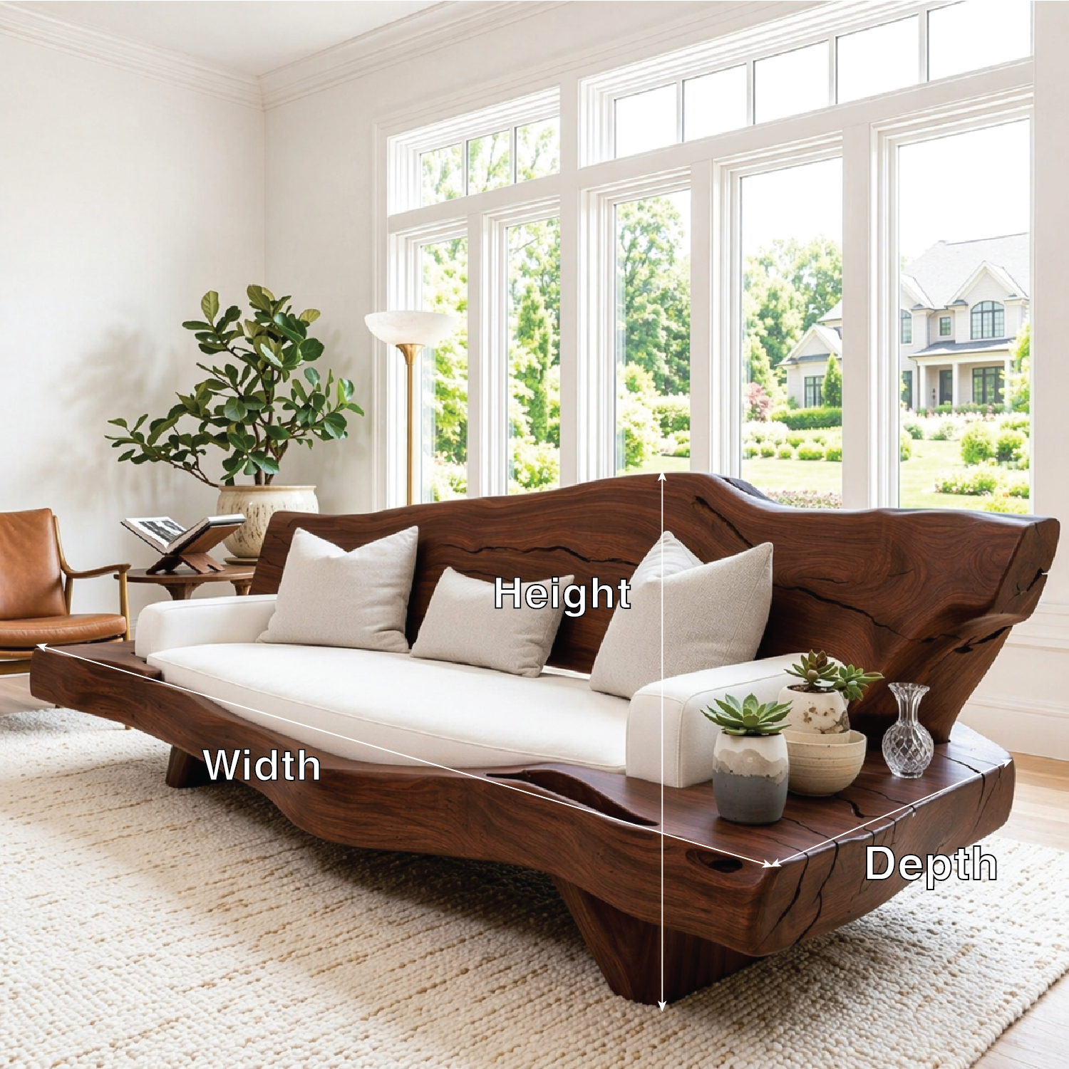 Organic Modern Wooden Sofa, Sculptural Statement Couch with White Cushion Seating