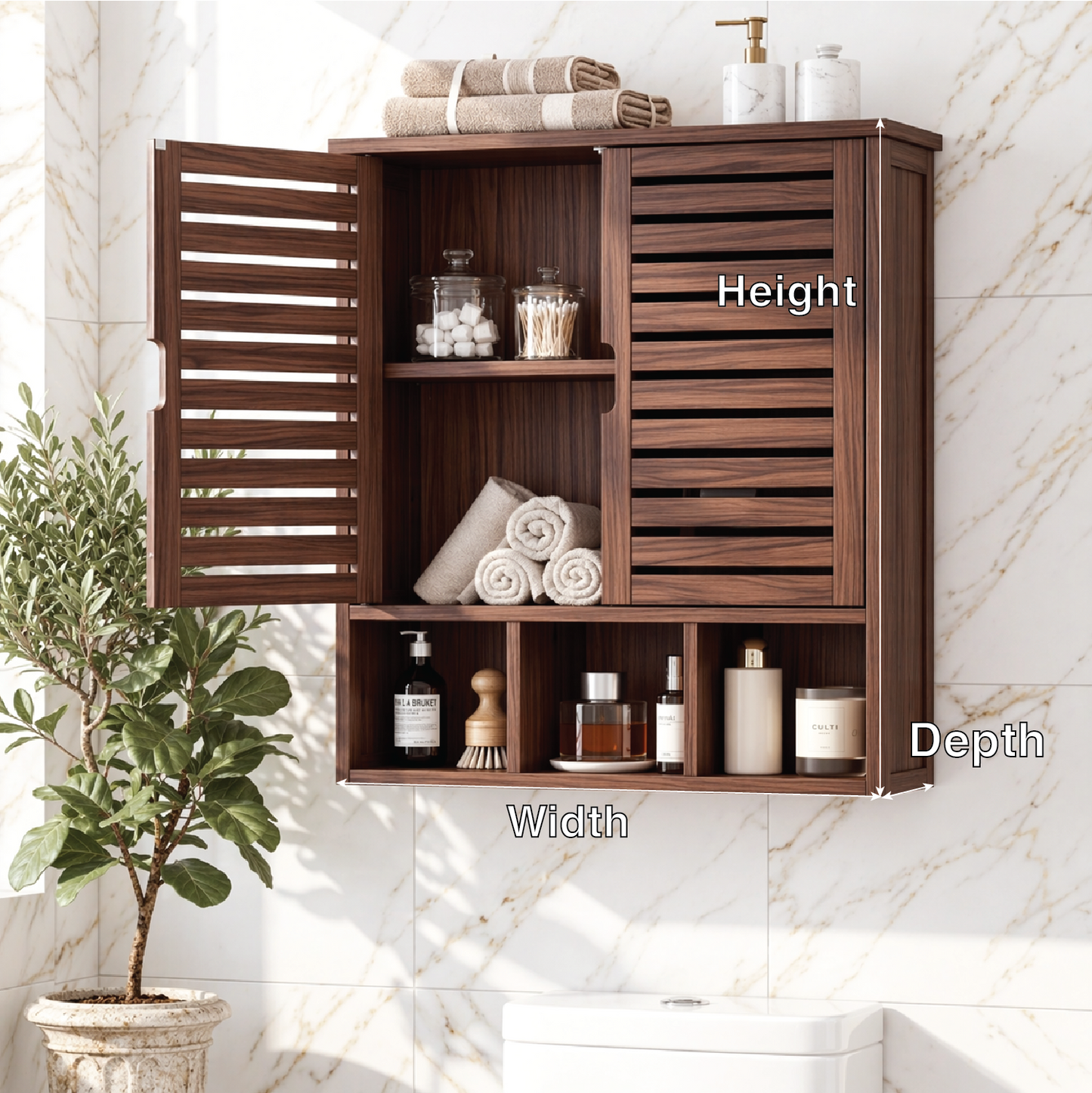 Floating Bathroom Cabinet, Wall-Mounted Slatted Vanity Storage Organizer Shelf Unit