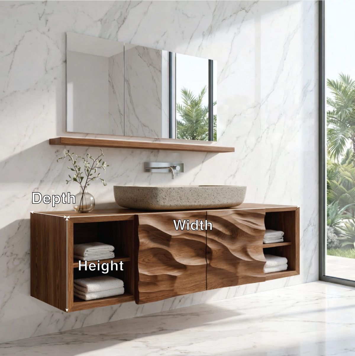 Modern Solid Wood Bathroom Vanity with Floating Storage and Sculpted Front Doors