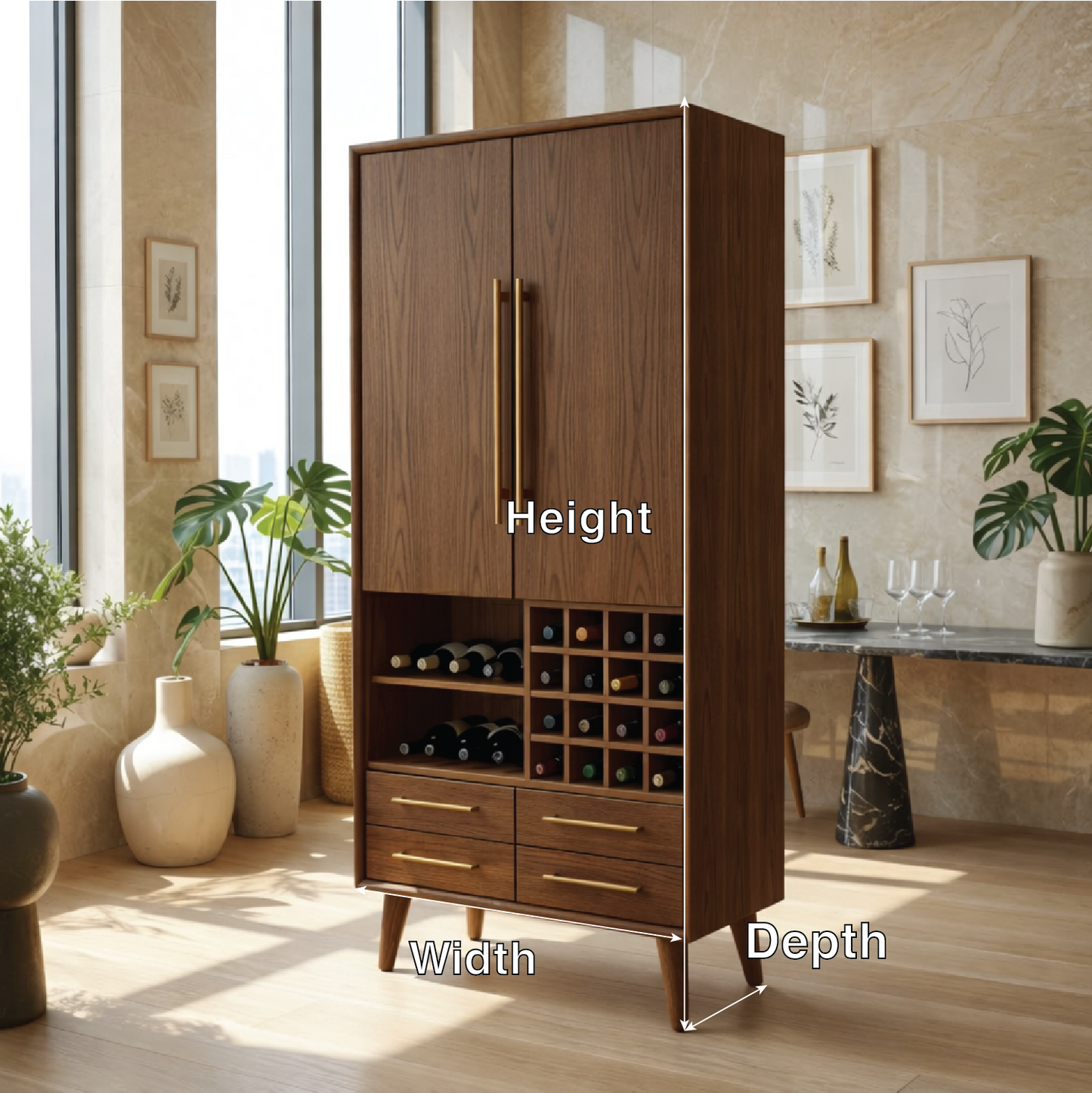 Modern Wine Cabinet with Bottle Rack, Drawers and Tall Concealed Bar Storage
