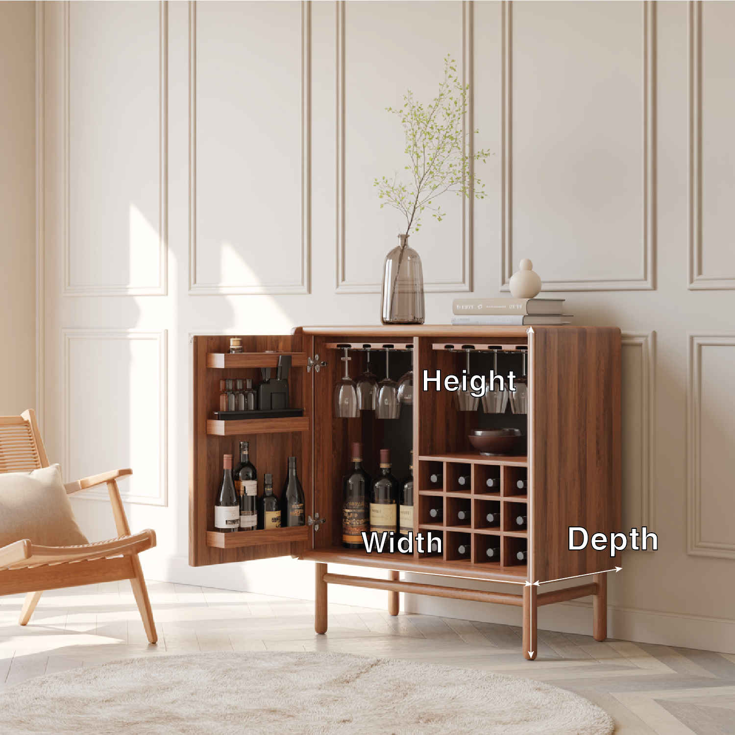 Handcrafted Solid Wood Wine Cabinet Mid Century Bar with Glass Rack and Bottle Storage