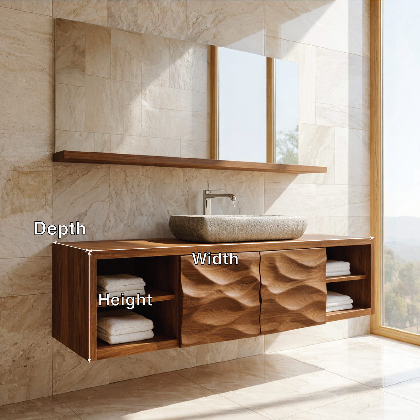 Modern Solid Wood Bathroom Vanity with Floating Storage and Sculpted Cabinet Doors