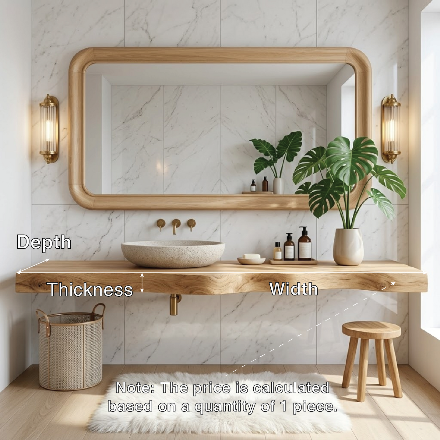 Floating Vanity with Natural Wood, Open Shelf, and Stone Basin Sink Kitchnce