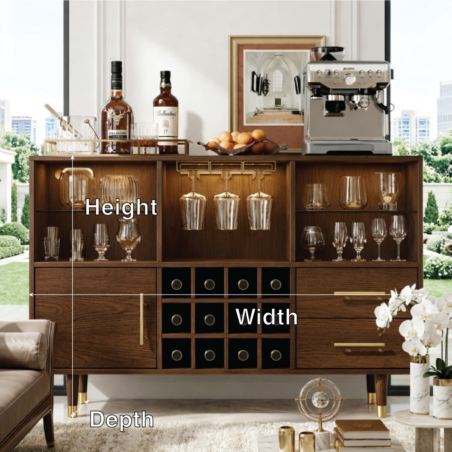 Modern Wooden Bar Cabinet, Coffee Station Sideboard with Built-In Wine-Glass Storage