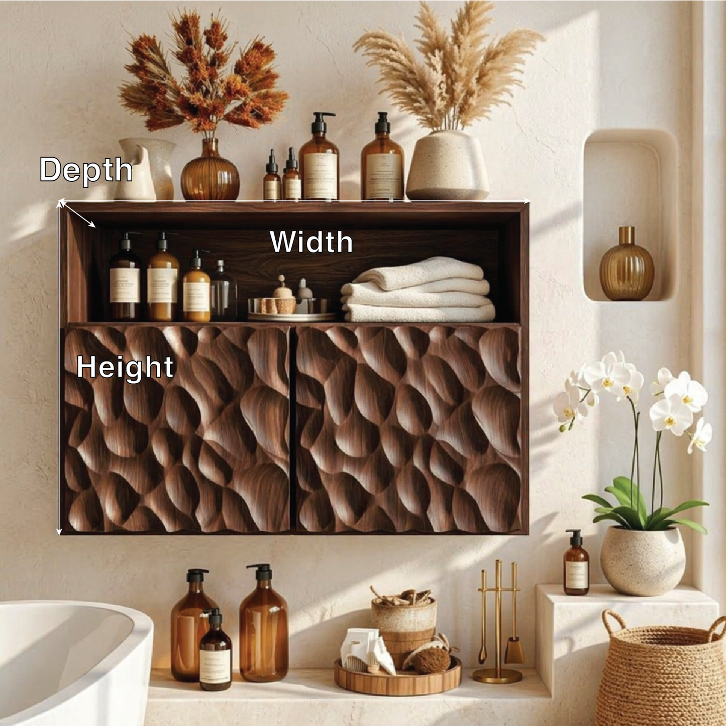Floating Bathroom Cabinet, Sculpted Double Door Wall Mounted Vanity Storage Unit