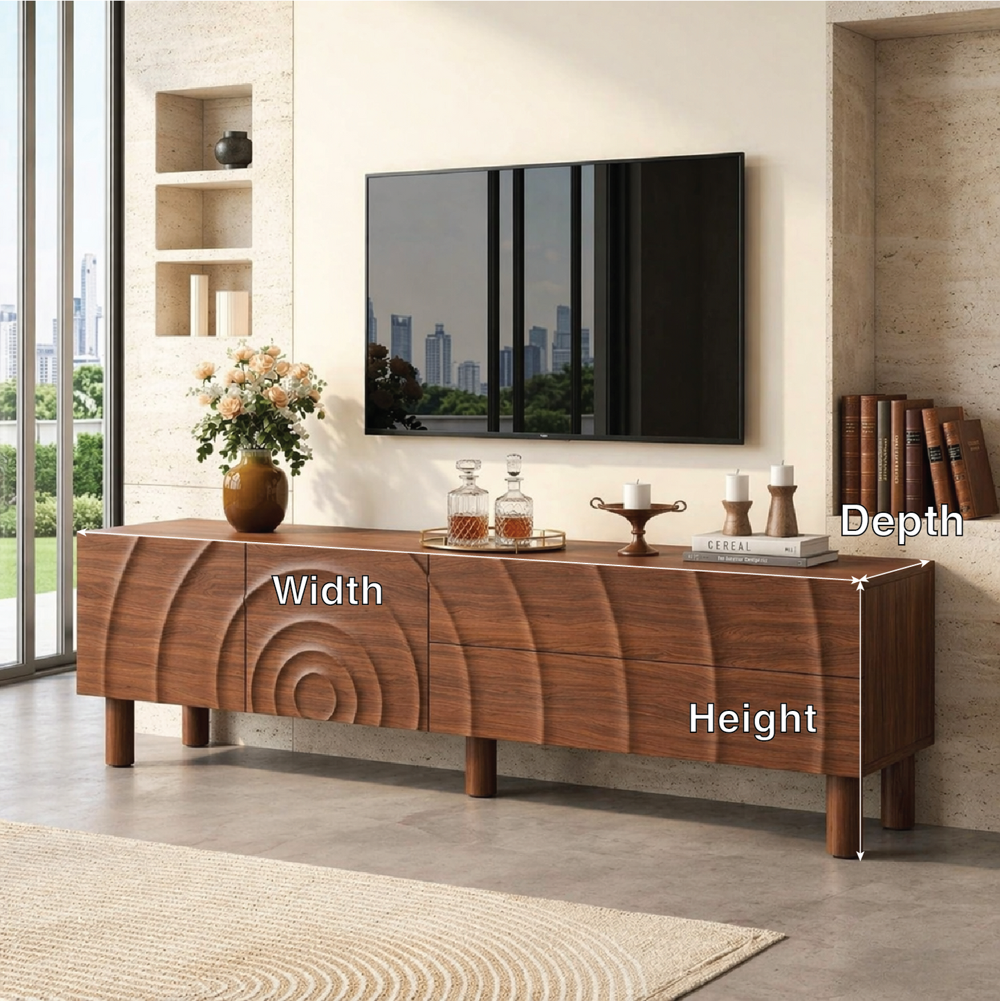 Modern Carved TV Console, Sculptural Entertainment Cabinet for Elegant Interiors