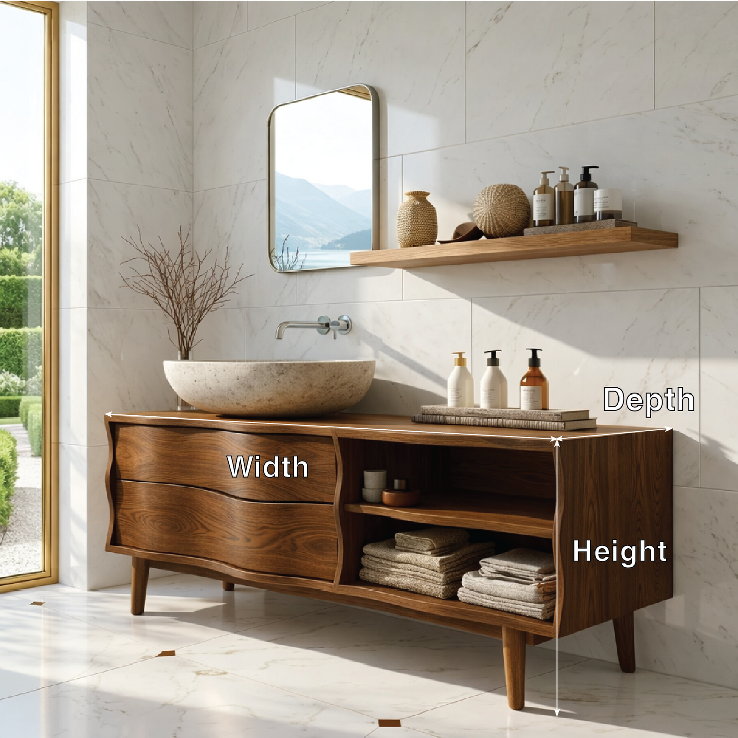 Contemporary Solid Wood Freestanding Bathroom Vanity with Sculpted Open Shelving