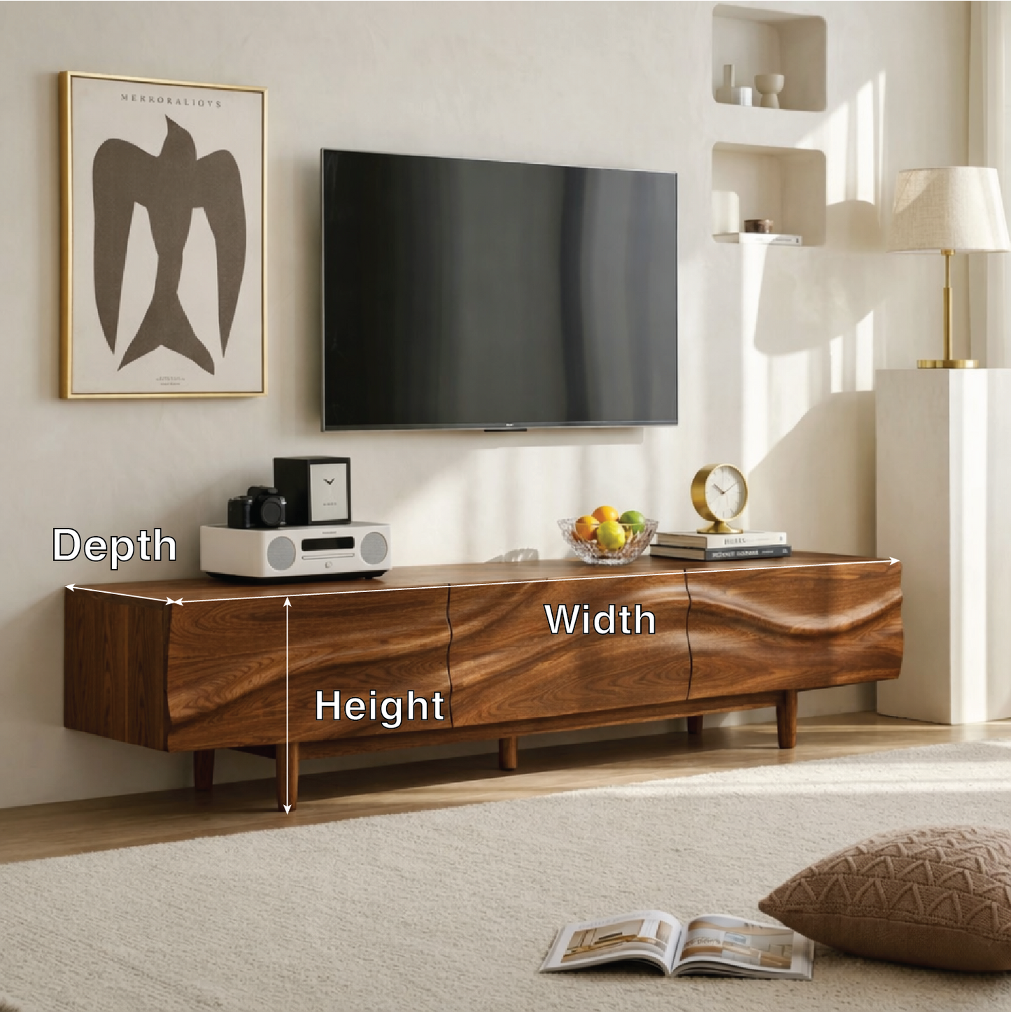 Solid Wood TV Stand with Wave Front, Modern Media Console Cabinet