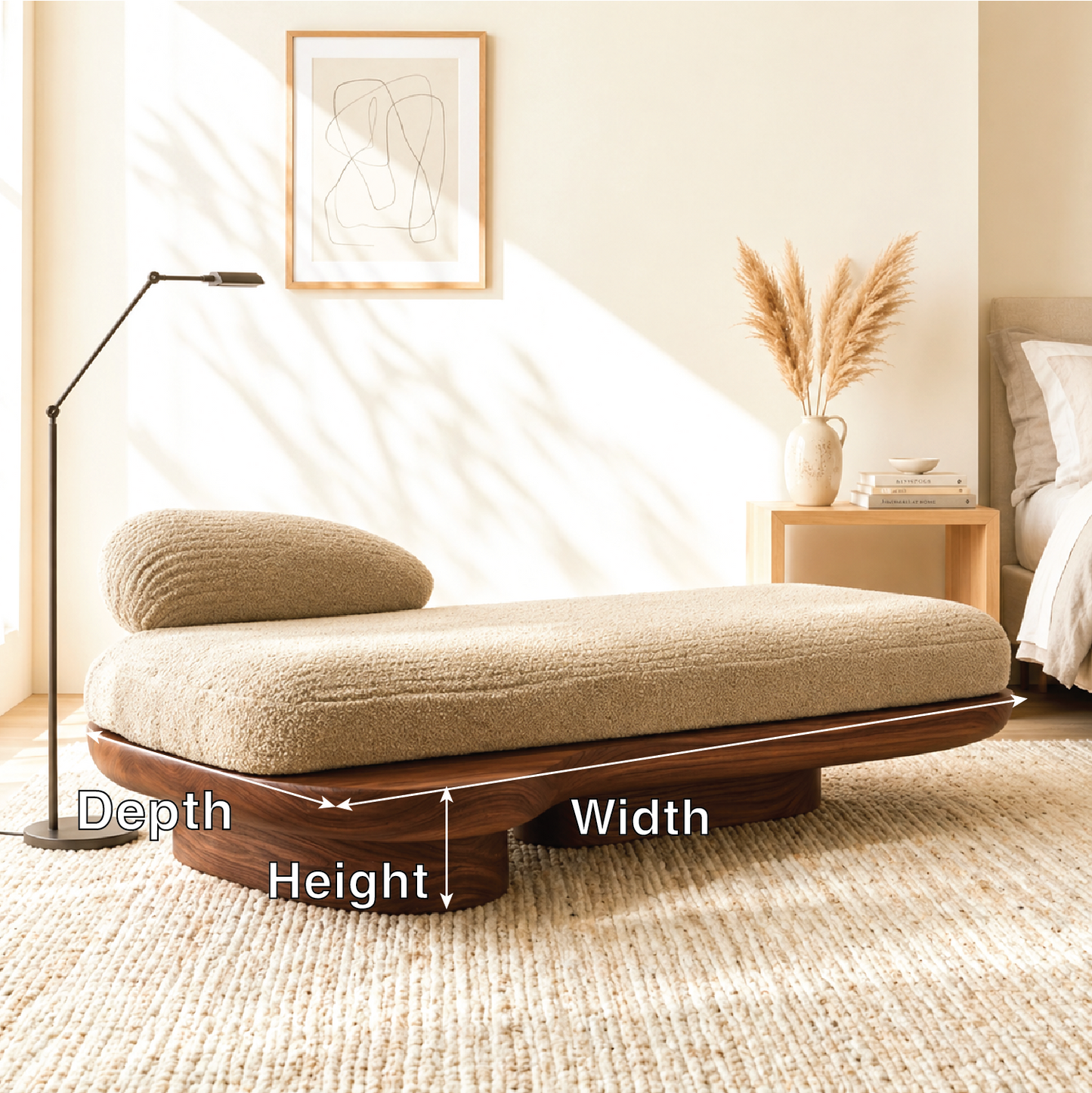 Sculptural Upholstered Daybed With Curved Base, Boucle Cushion, Bedroom Lounge Seat